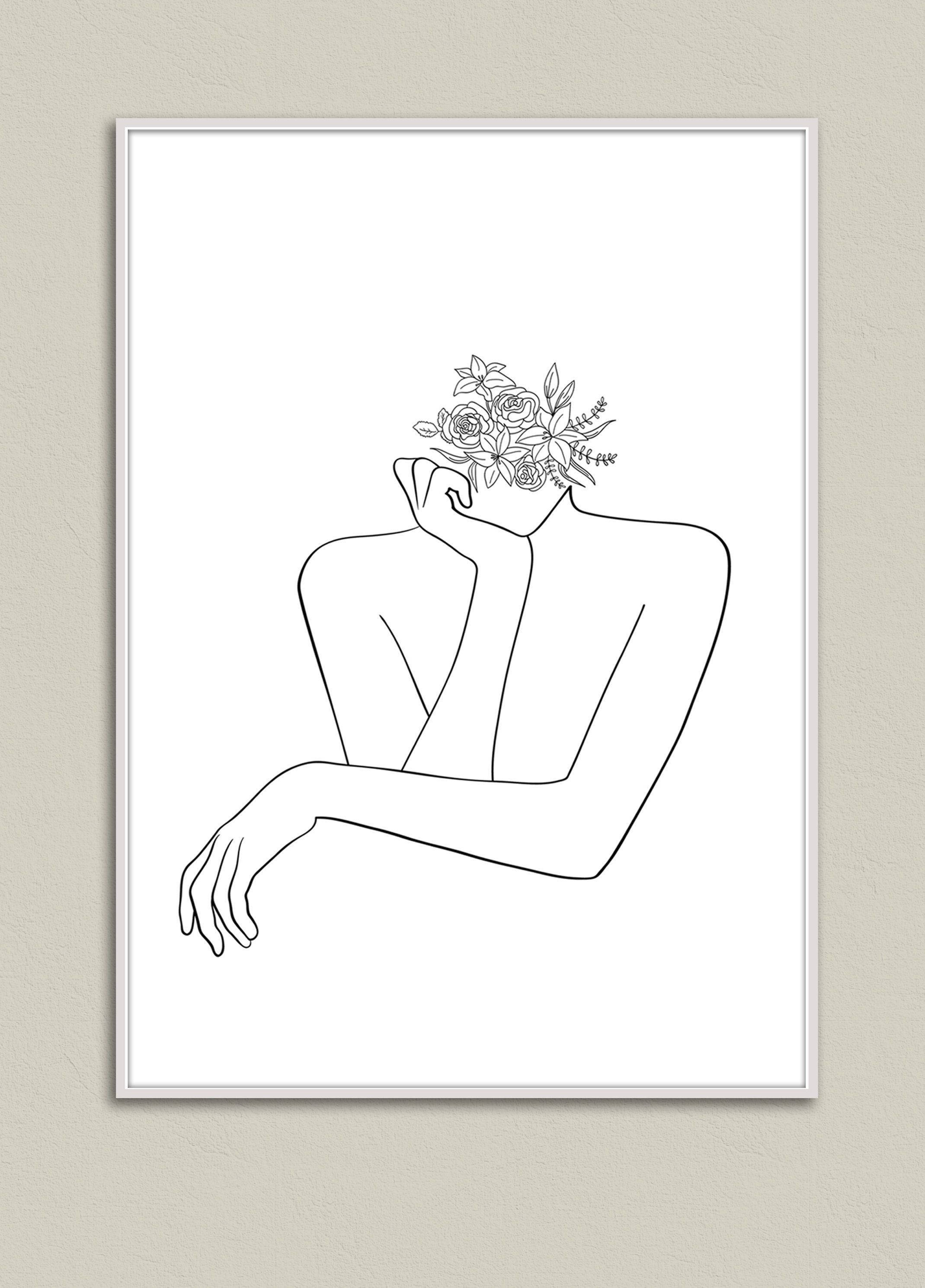Outline 桌布 壁紙 — 極簡線條藝術，人物以花冠遮臉，裱框於米色牆上。