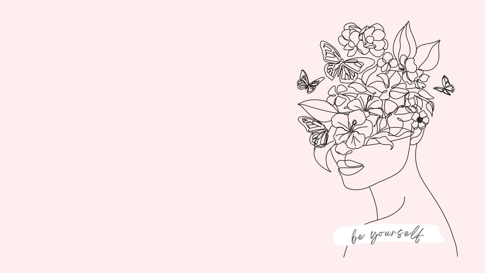 美學 桌布 壁紙 — 極簡線條藝術，描繪女性側面輪廓，飾以花朵和蝴蝶，背景為柔和粉紅色。