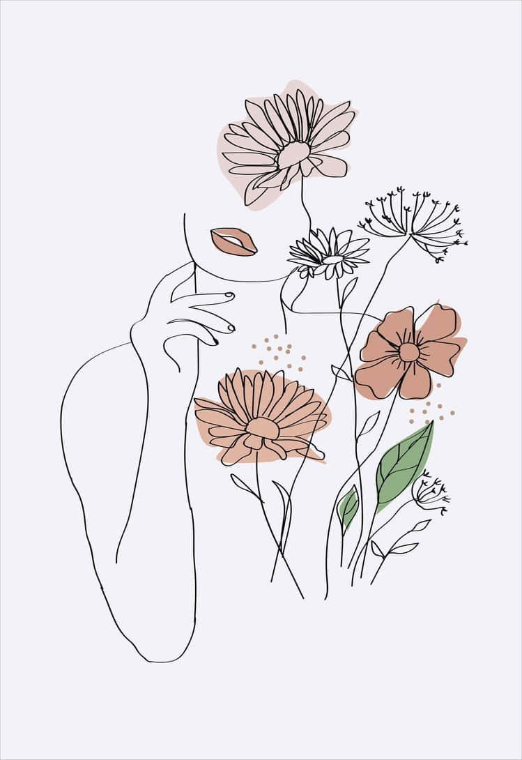 美學 桌布 壁紙 — 極簡線條藝術，描繪女性臉龐與手部，與柔和的粉紅和綠色花朵交織，背景為淡色。