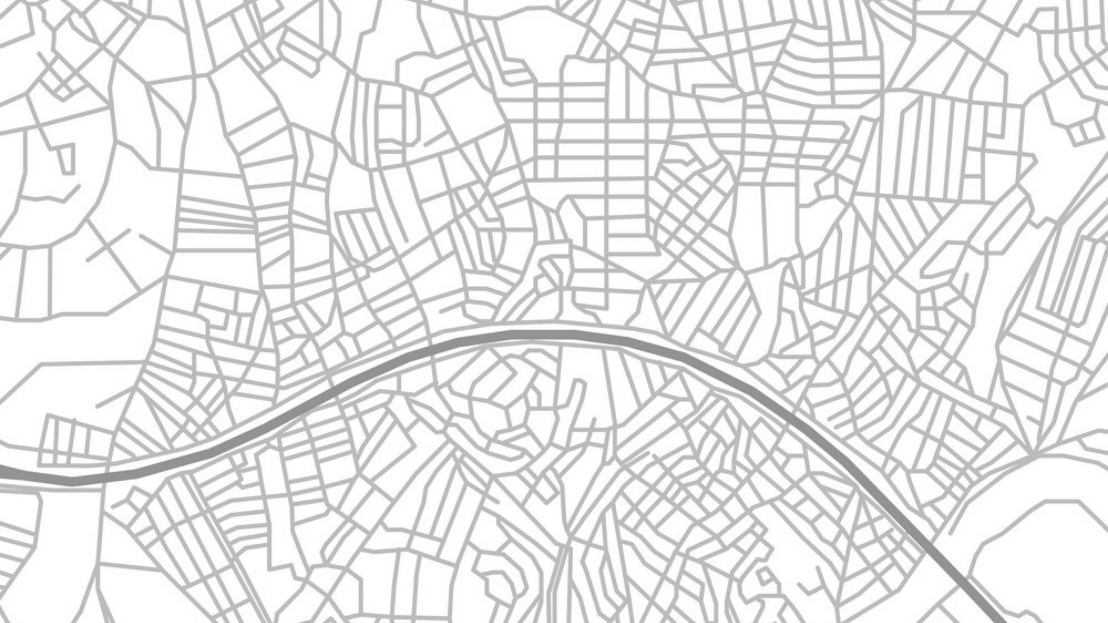 白色抽象 桌布 壁紙 — 極簡線條藝術地圖，展示複雜的城市街道圖案，一條彎曲的高速公路穿過城市網格。