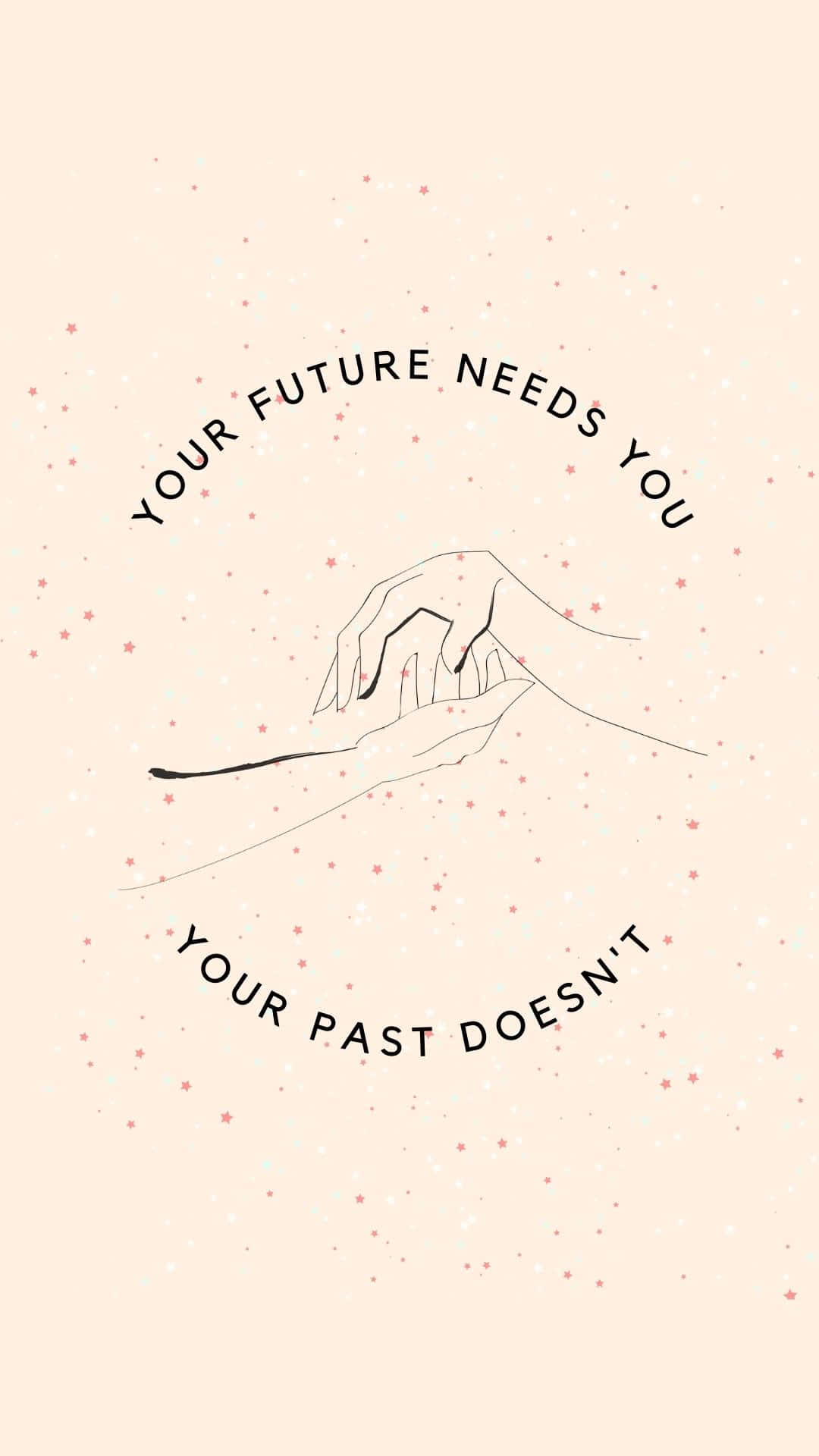 Positivity Aesthetic 桌布 壁紙 — 極簡線條藝術展示一隻手向前伸出，文字敦促擁抱未來同時放下過去，背景為柔和的粉紅色斑點。