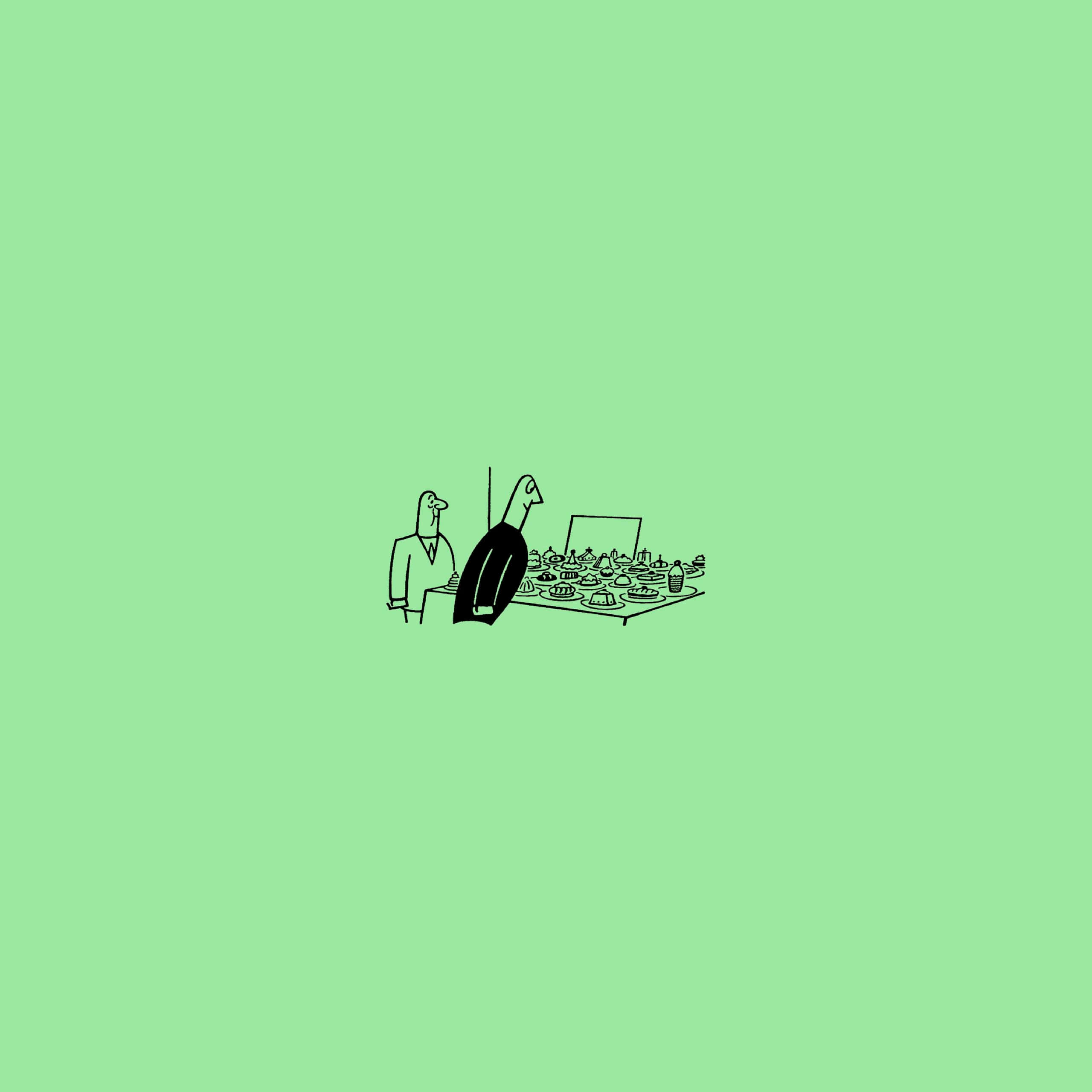 Aesthetic Green Minimal 桌布 壁紙 — 極簡線條藝術展示兩個風格化人物坐在擺滿食物的桌子旁，背景為純薄荷綠色。