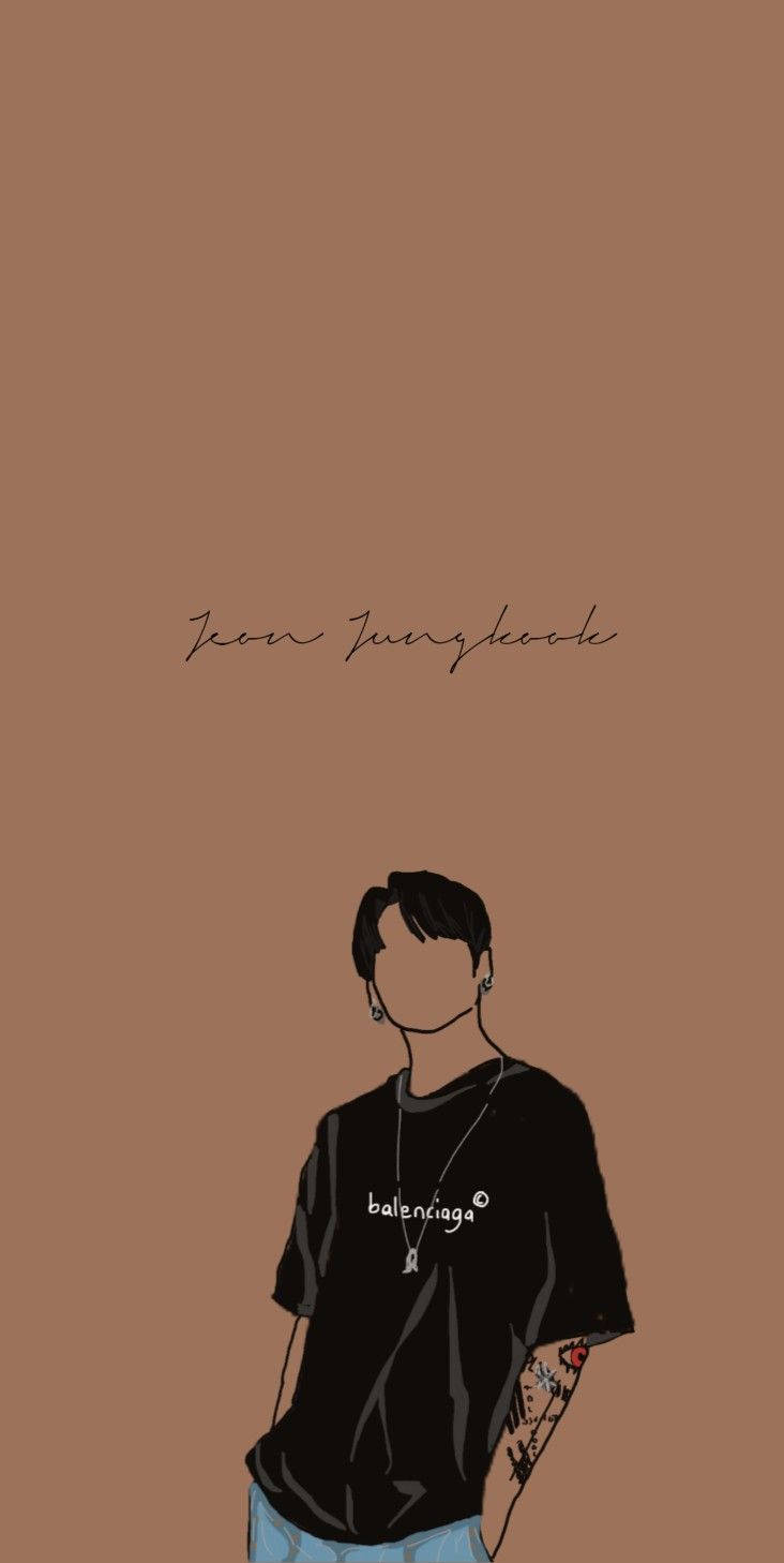 Kpop Aesthetic 桌布 壁紙 — 極簡線條藝術插圖，描繪一位帶有刺青、穿著Balenciaga襯衫的人物，背景為純棕色。