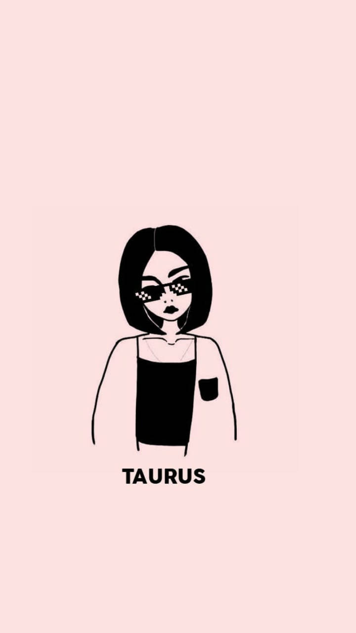 Taurus Aesthetic 桌布 壁紙 — 極簡線條藝術插圖，描繪一位留著鮑伯頭、戴著格紋太陽眼鏡的女性，背景為柔和粉紅色。