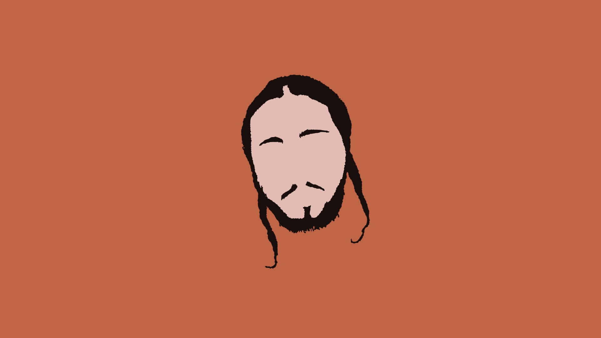 波斯特·马龙 桌布 壁紙 — 極簡線條藝術插圖，描繪一張平靜的臉，長髮和鬍鬚，背景為純色陶土色。