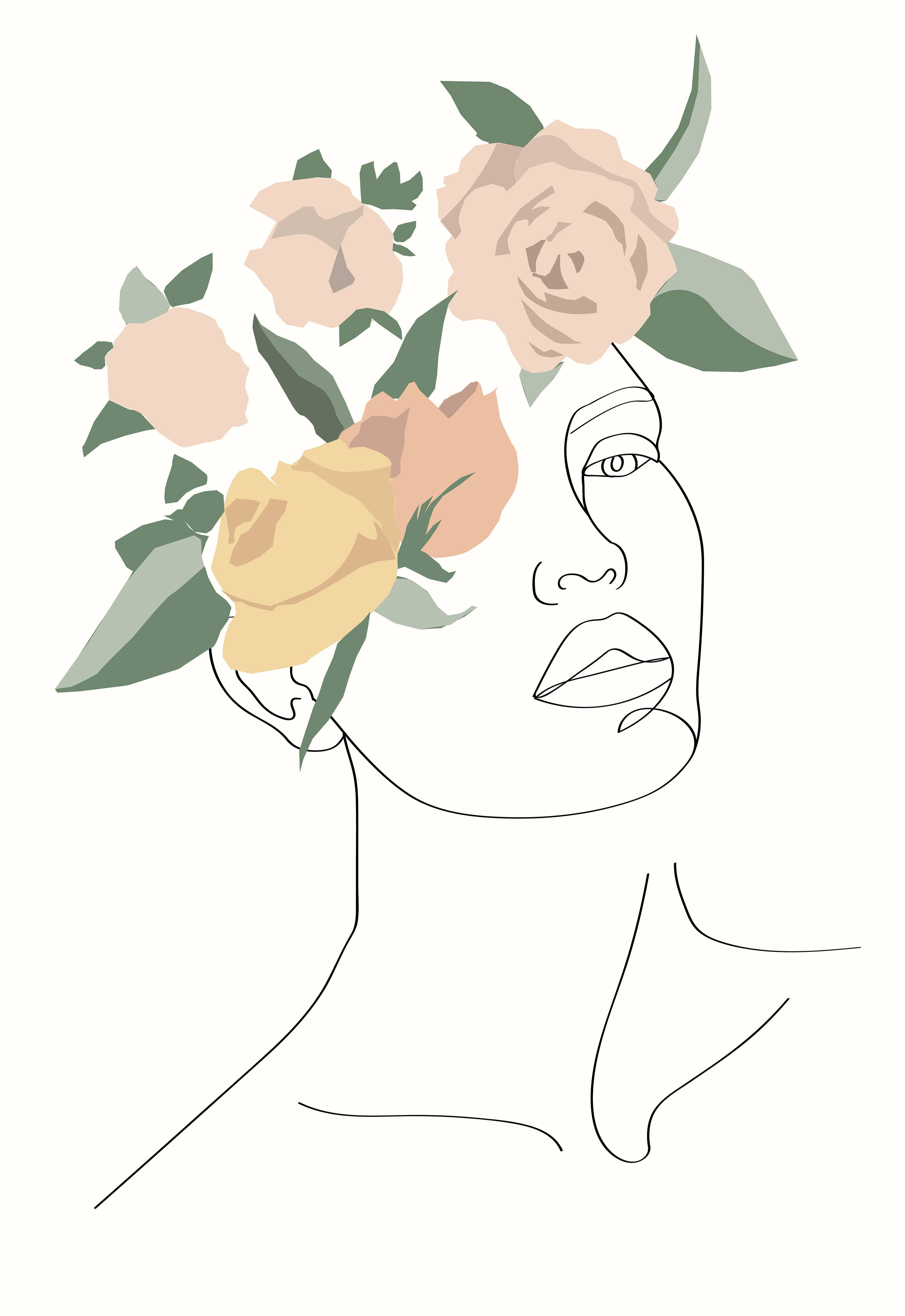 可愛風格 桌布 壁紙 — 極簡線條藝術肖像，描繪一位女性的臉龐，點綴著柔和的粉彩玫瑰和綠葉，背景為奶油色。