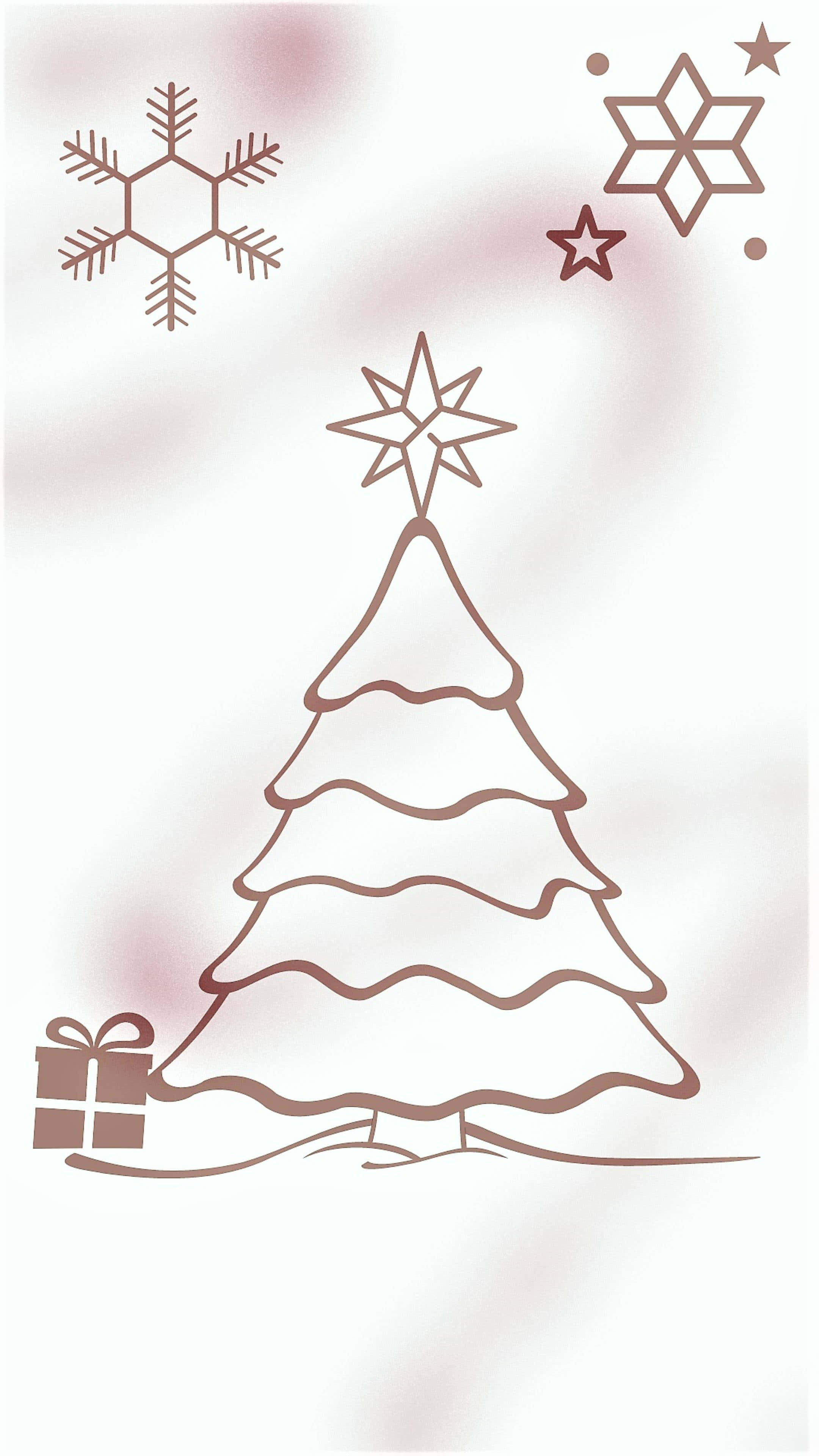 Pink Christmas Tree 桌布 壁紙 — 極簡線條風格的聖誕樹，配有星星、禮物和雪花，背景為柔和漸變色。