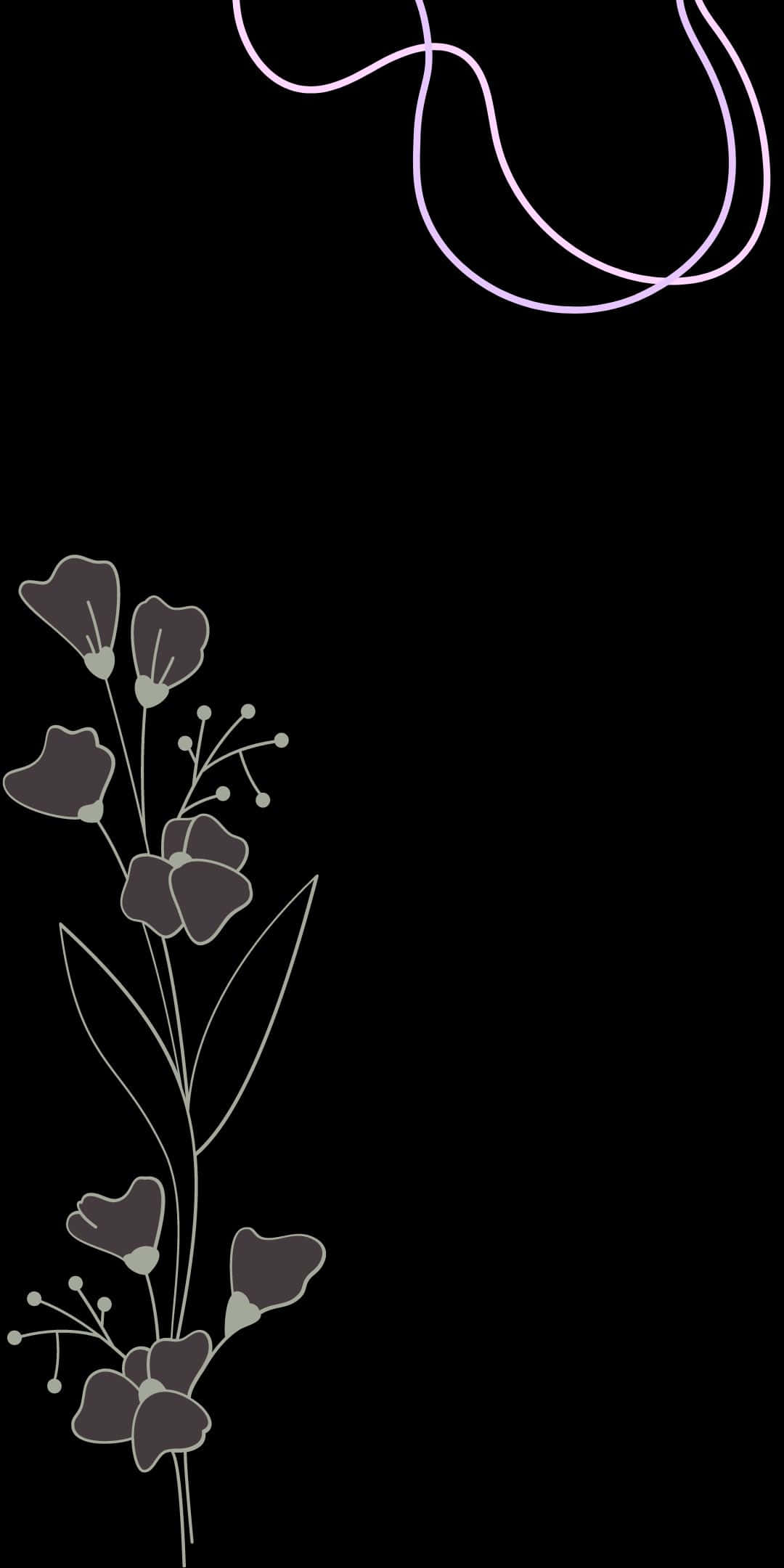 Pixel 3 桌布 壁紙 — 極簡花卉插圖，灰色花朵與薰衣草色曲線在黑色背景上。