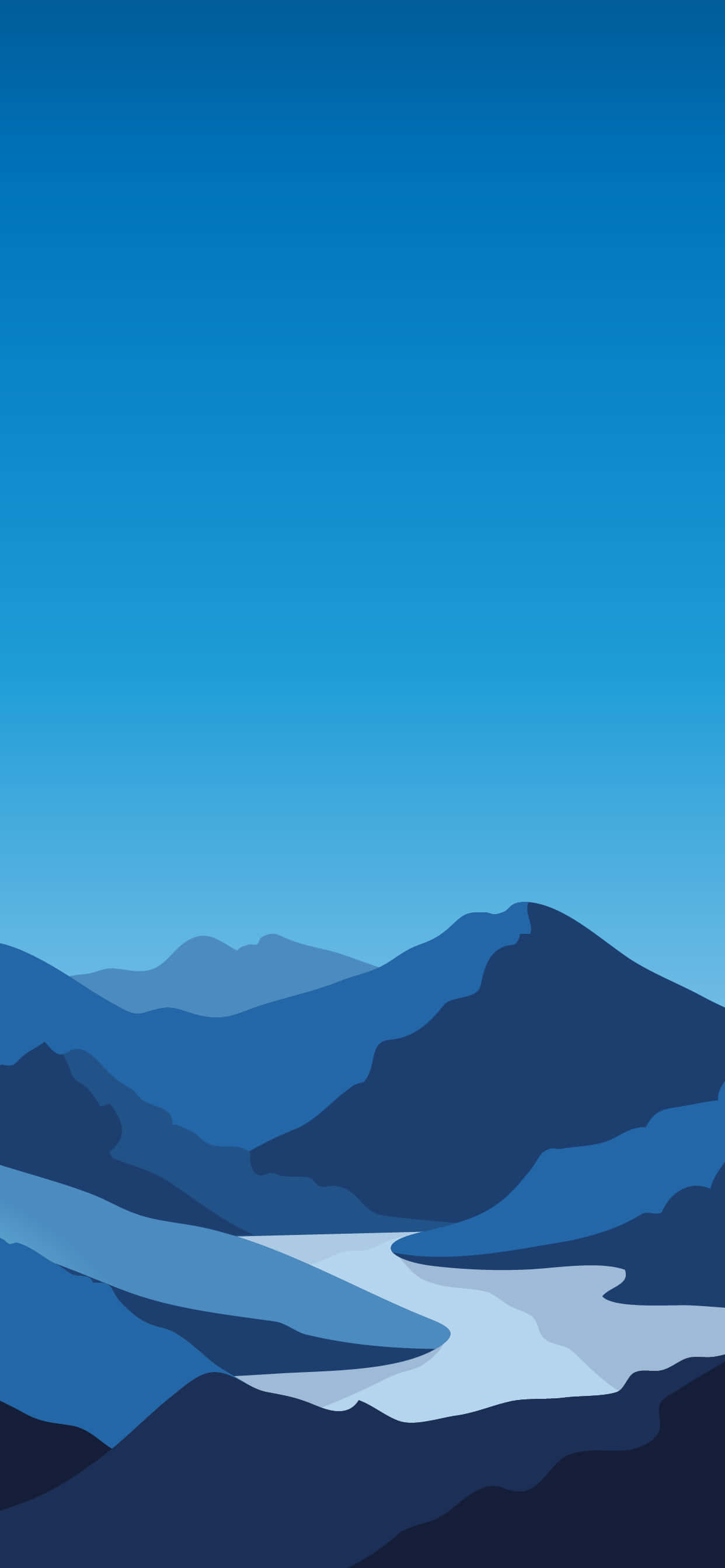 Minimalist Blue 桌布 壁紙 — 極簡藍色山景，層疊山峰和蜿蜒河流，天空漸變。
