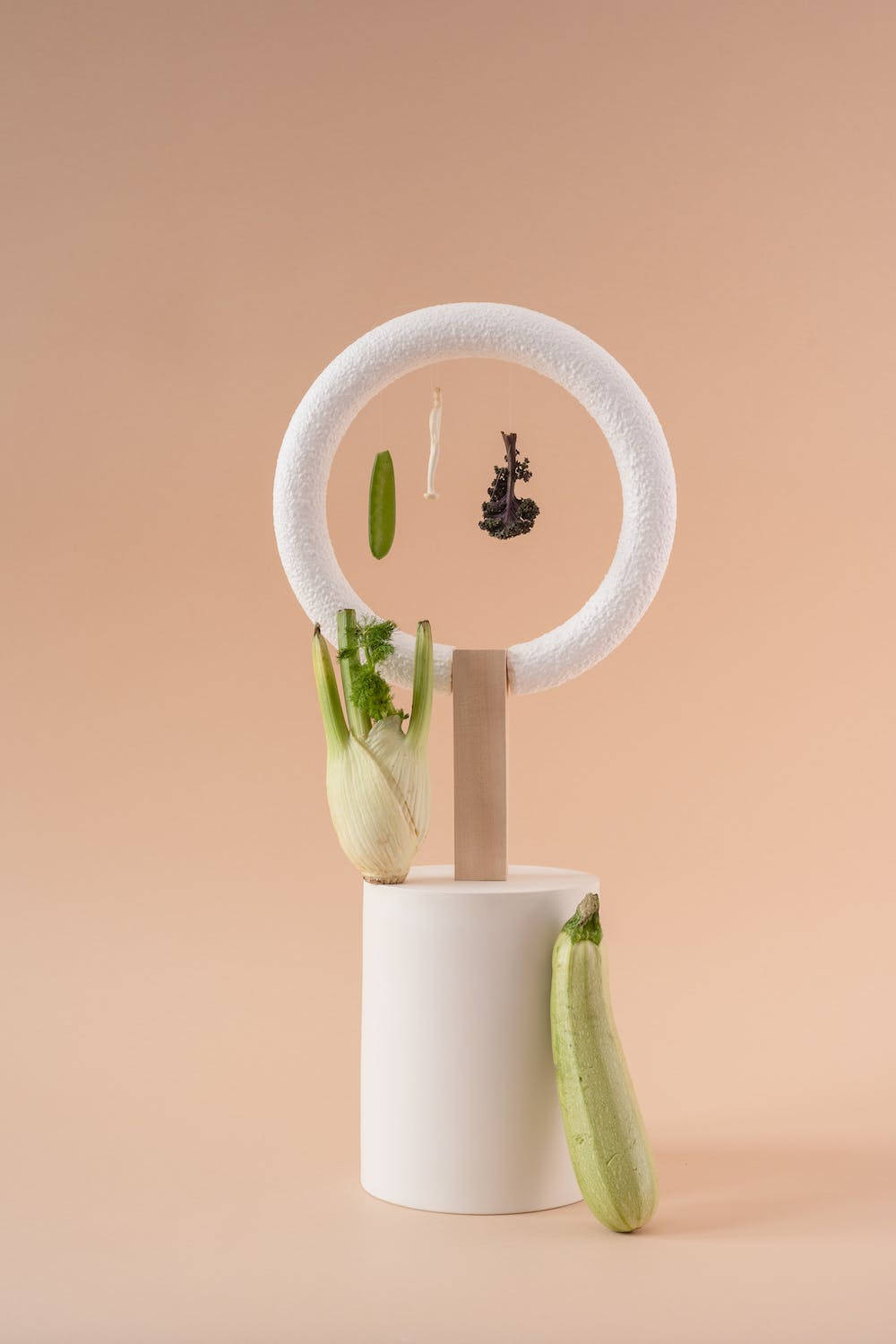 Vegetables 桌布 壁紙 — 極簡靜物，將茴香、櫛瓜和乾香草擺放在白色幾何形狀上，背景為柔和蜜桃色。