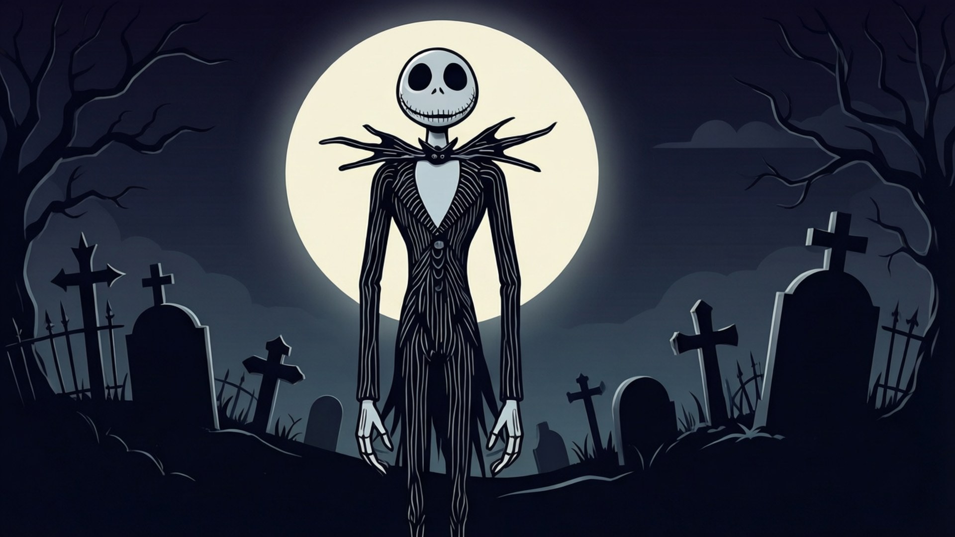 極簡風傑克在墓園 壁紙 — Jack Skellington 在月光下的墓園中莊嚴地站立，周圍環繞著墓碑和光禿的樹木。