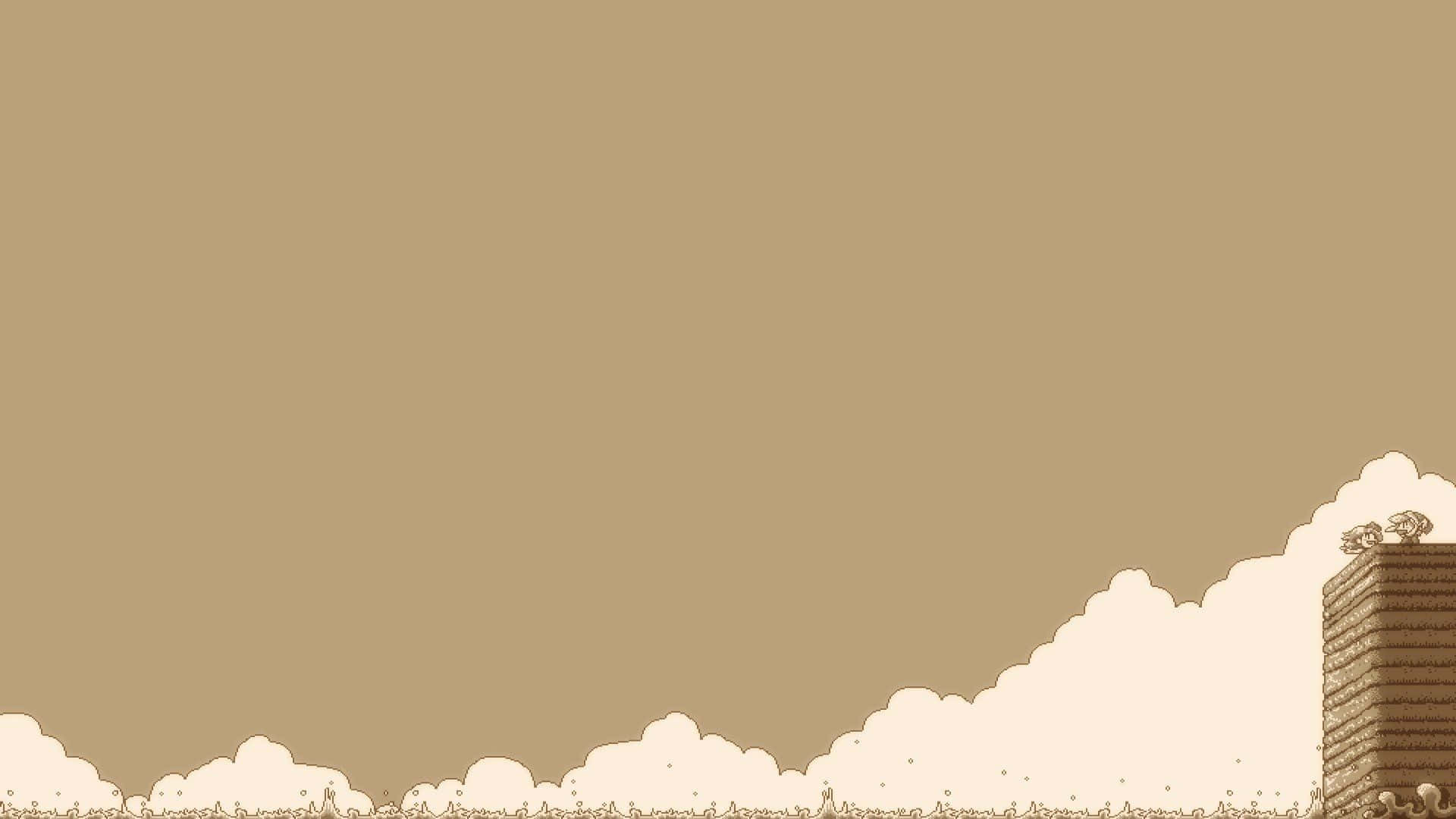 Brown Minimalist 桌布 壁紙 — 極簡風格、棕褐色調的像素藝術場景，有蓬鬆的雲朵和地平線上孤獨的塔樓。