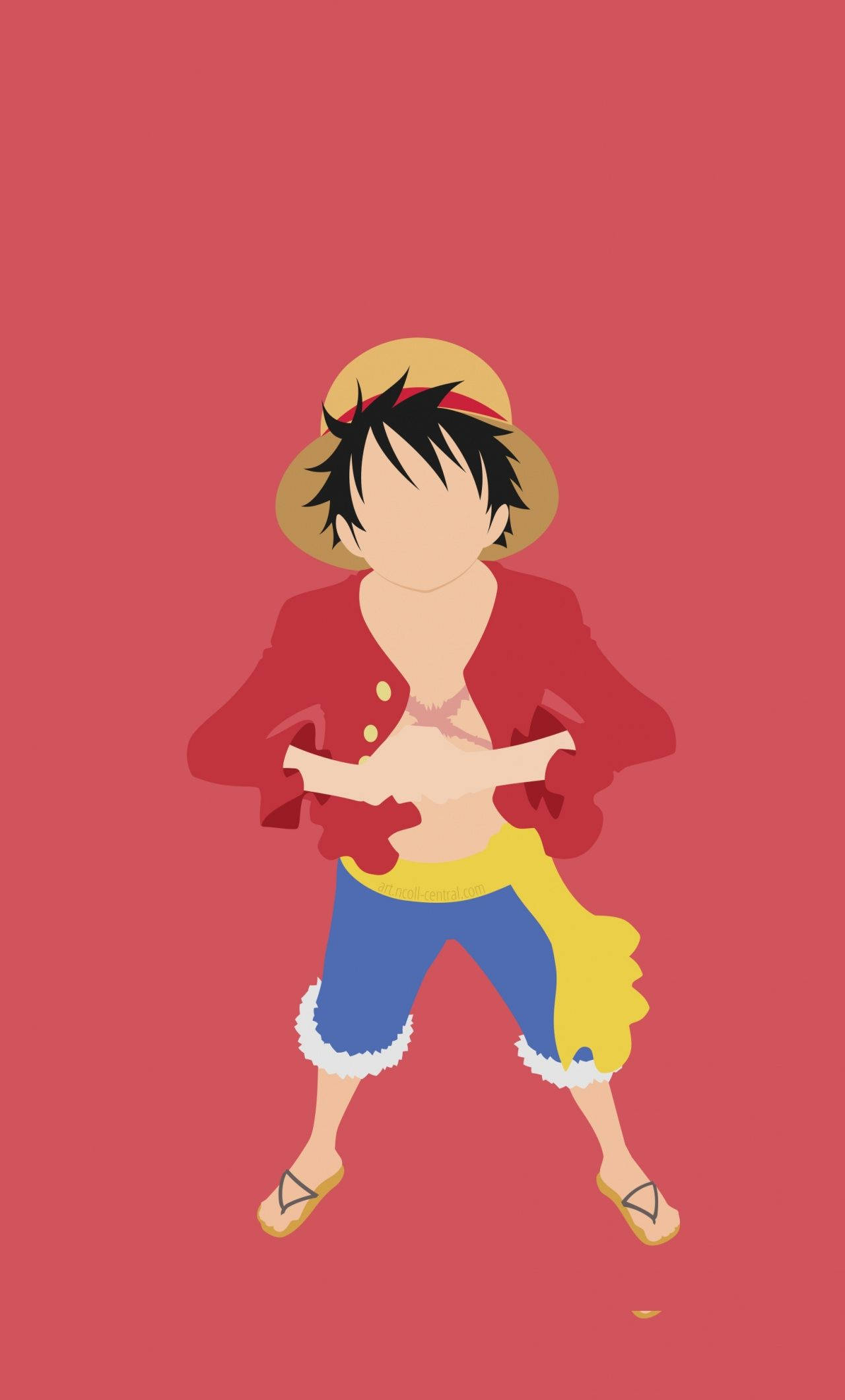 One Piece Phone 桌布 壁紙 — 極簡風格動漫角色，戴草帽、穿紅色外套和藍色短褲，自信地站在純紅色背景前。
