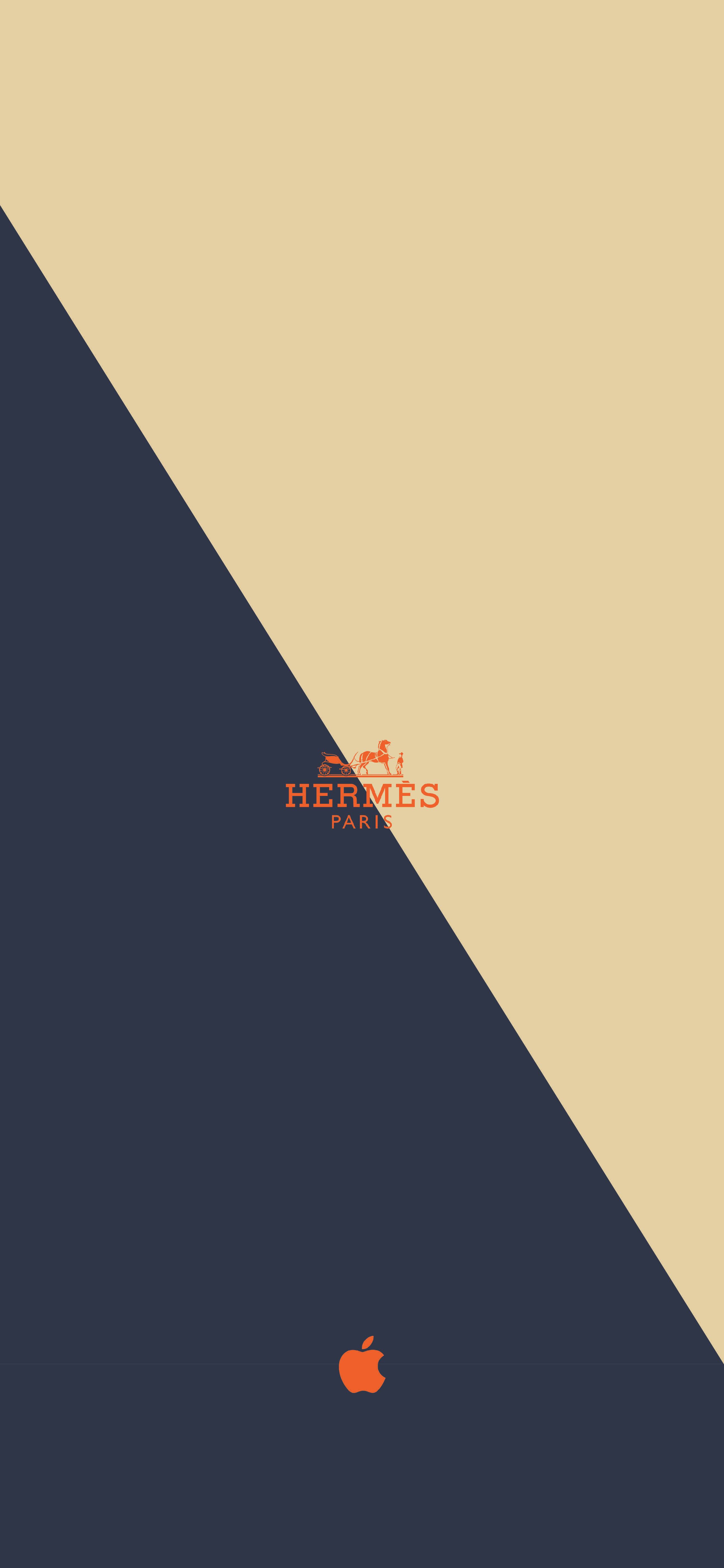 Hermes 桌布 壁紙 — 極簡風格壁紙，海軍藍和米色對角分割，帶有橙色愛馬仕和蘋果標誌。