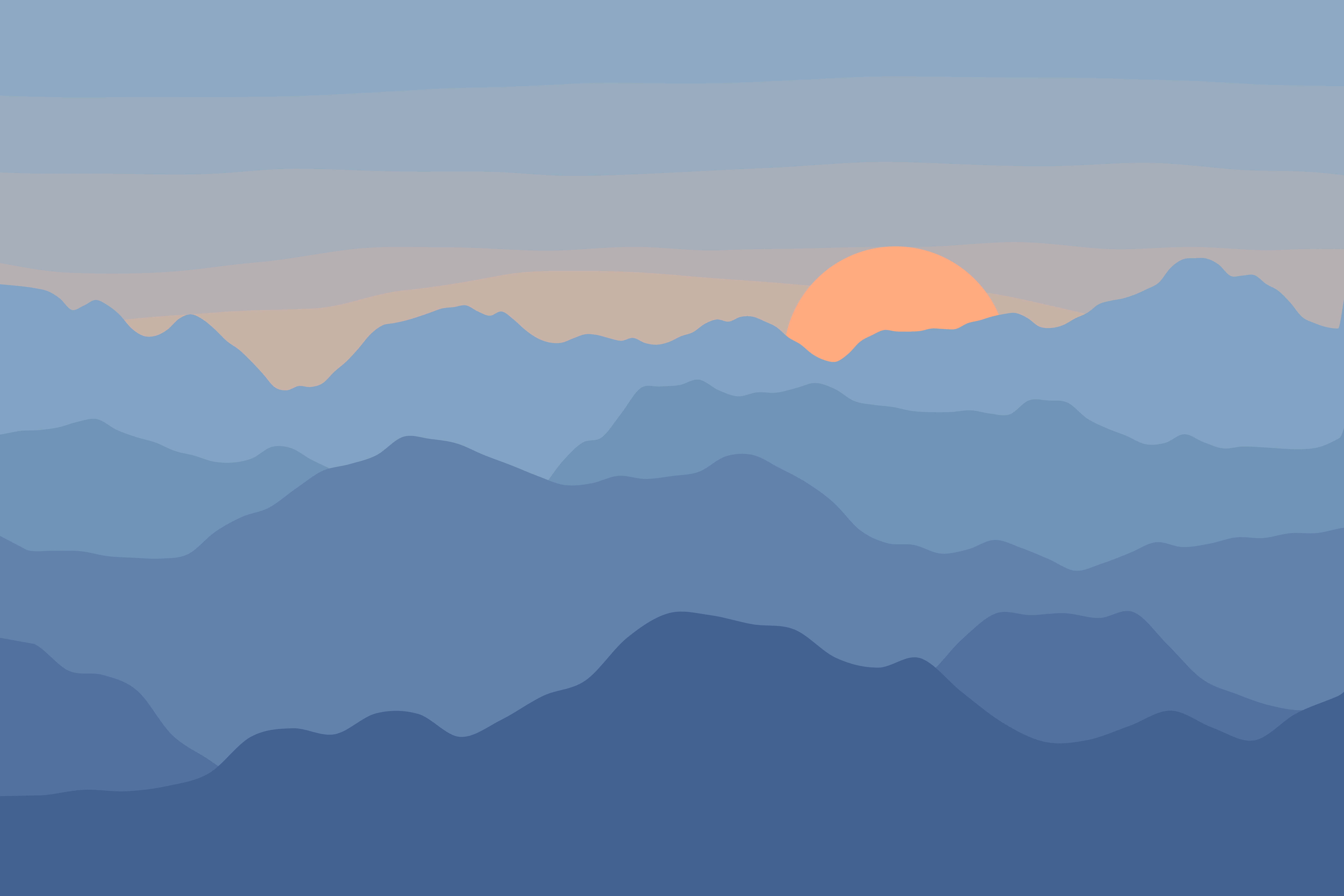 Minimalist Colorful 桌布 壁紙 — 極簡風格數位日落，層疊的藍色山脈與地平線上溫暖的橙色太陽。