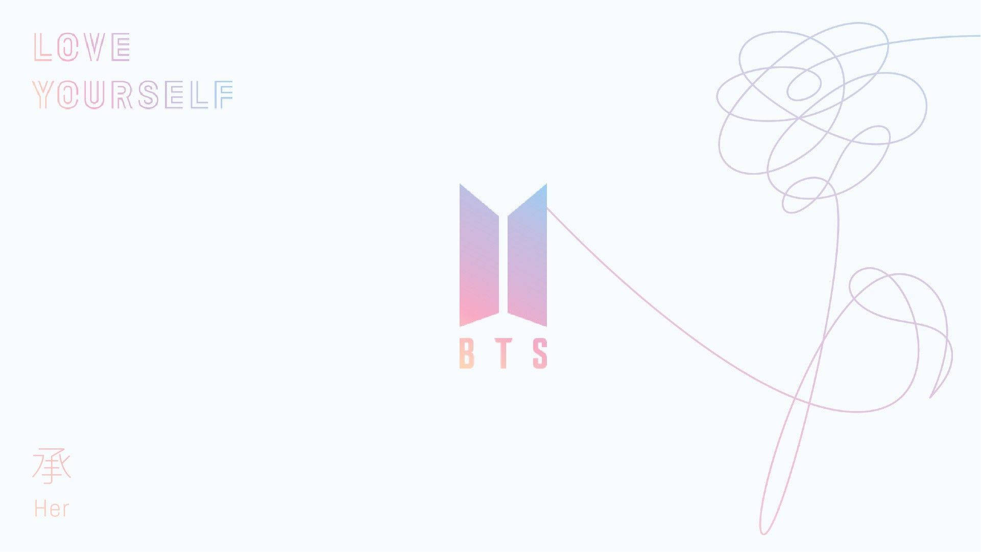 BTS 筆電 桌布 壁紙 — 極簡風格桌布，BTS標誌帶有漸層粉紫色彩和抽象線條藝術，背景為柔和白色。