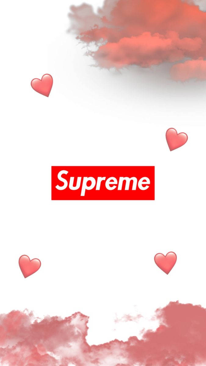supreme 桌布 壁紙 — 極簡風格桌布，白色背景上中央有紅色Supreme標誌，配以粉紅雲朵和漂浮的心形。