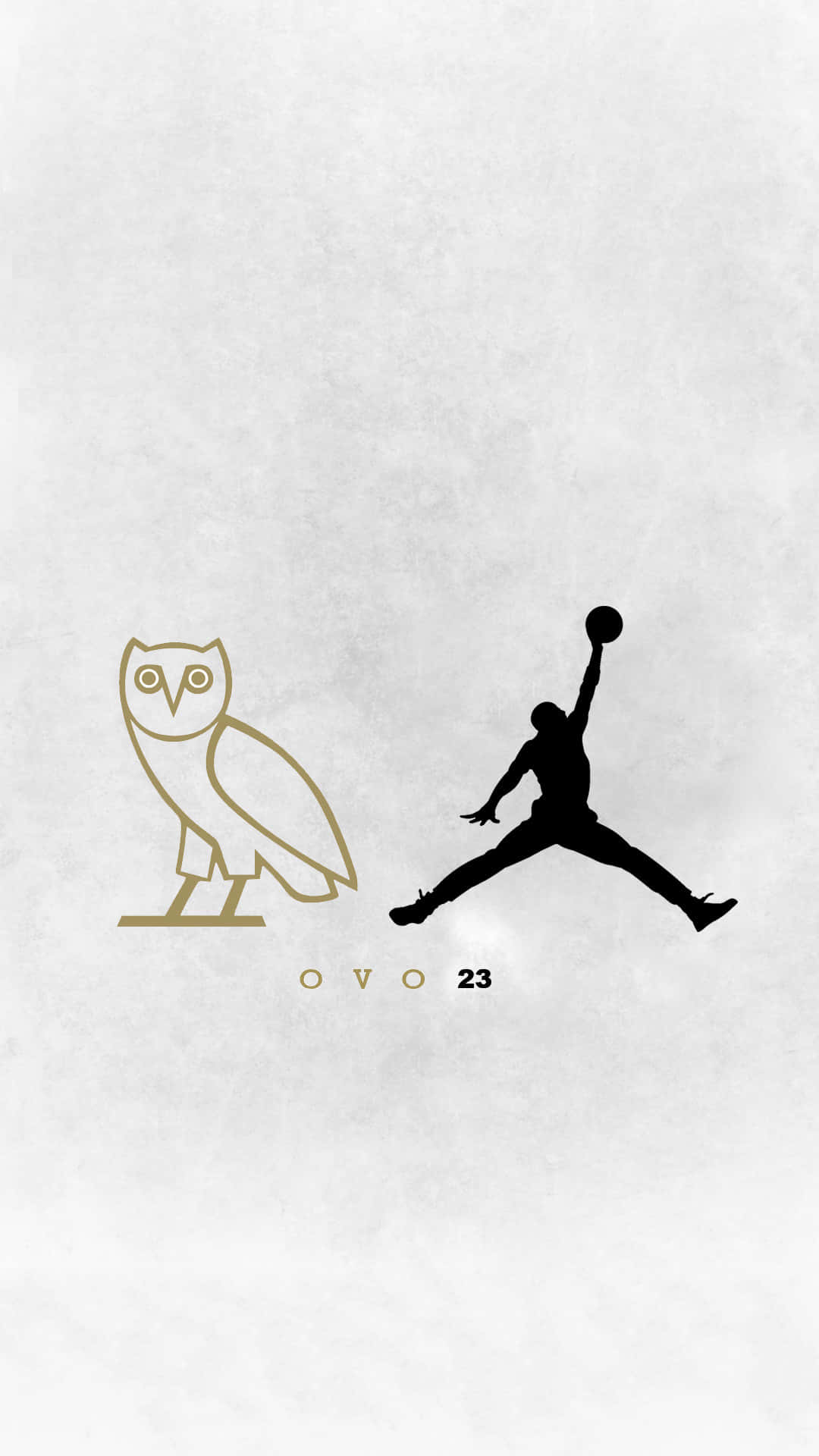 Ovoxo 桌布 壁紙 — 極簡風格桌布，金色貓頭鷹標誌和黑色籃球運動員空中剪影，搭配紋理灰色背景。