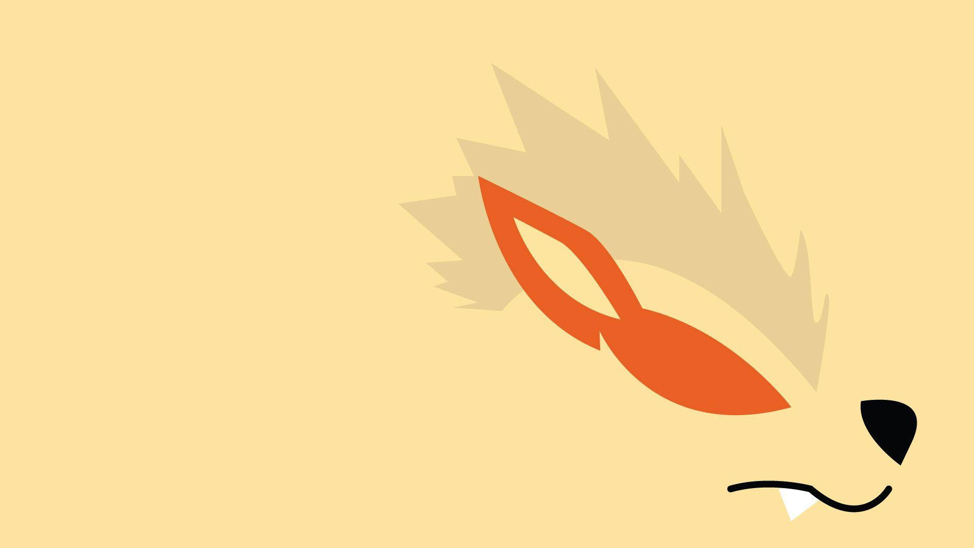 Arcanine 桌布 壁紙 — 極簡風格狐狸頭，橙色耳朵和黑色眼睛，淺黃色背景。