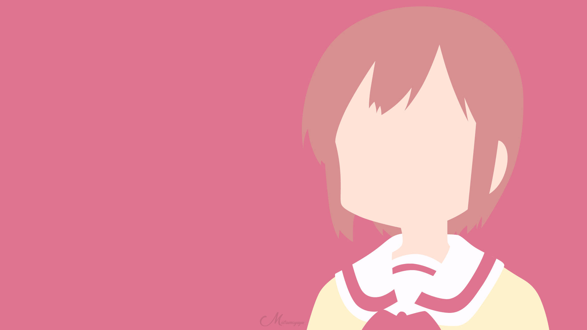 動漫藝術GIF 桌布 壁紙 — 極簡風格的動漫女孩，短粉紅頭髮，白色衣領，純粉紅背景。