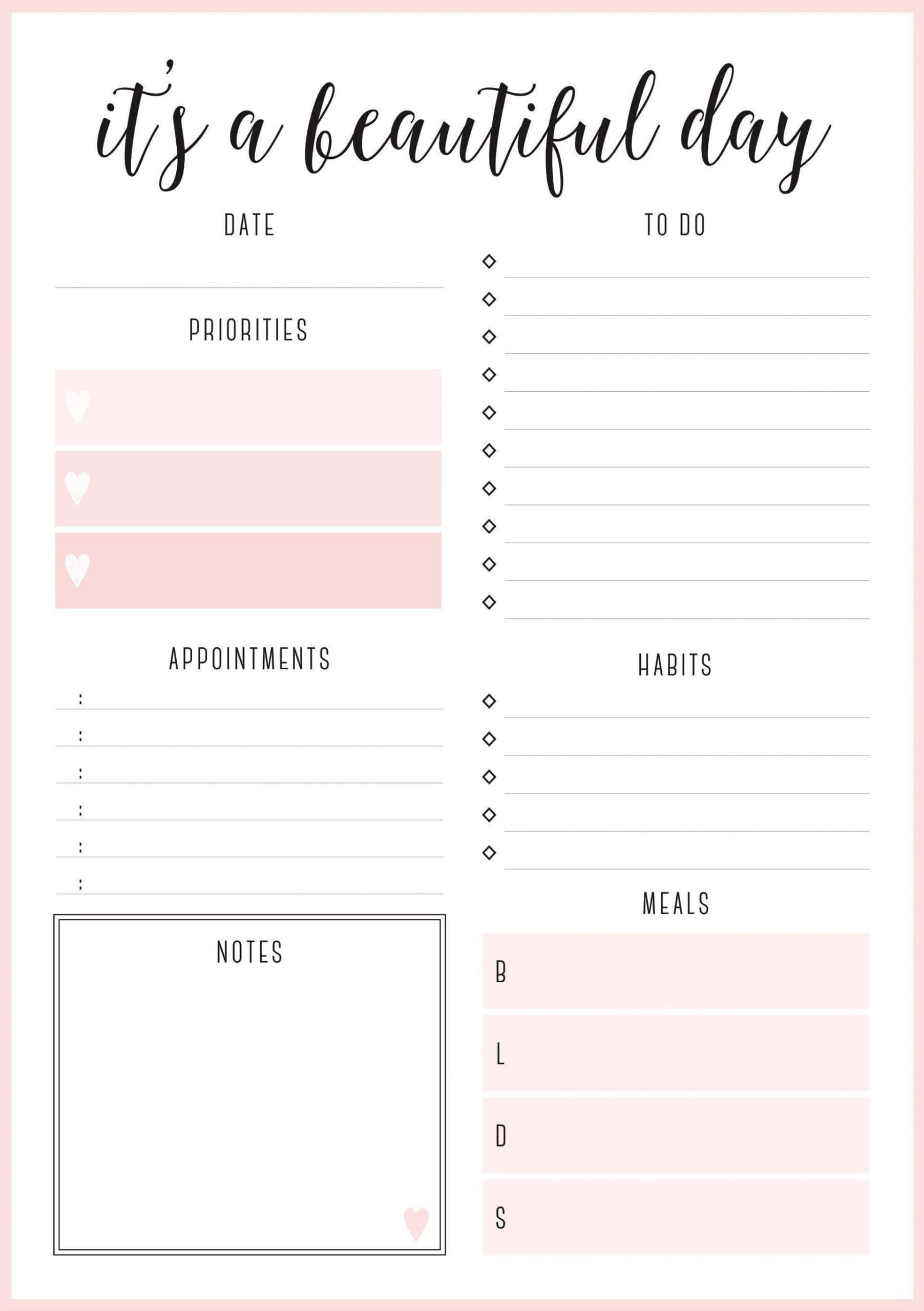 Planner 桌布 壁紙 — 極簡風格的每日計劃表，帶有粉紅色點綴和手寫標題 it's a beautiful day。