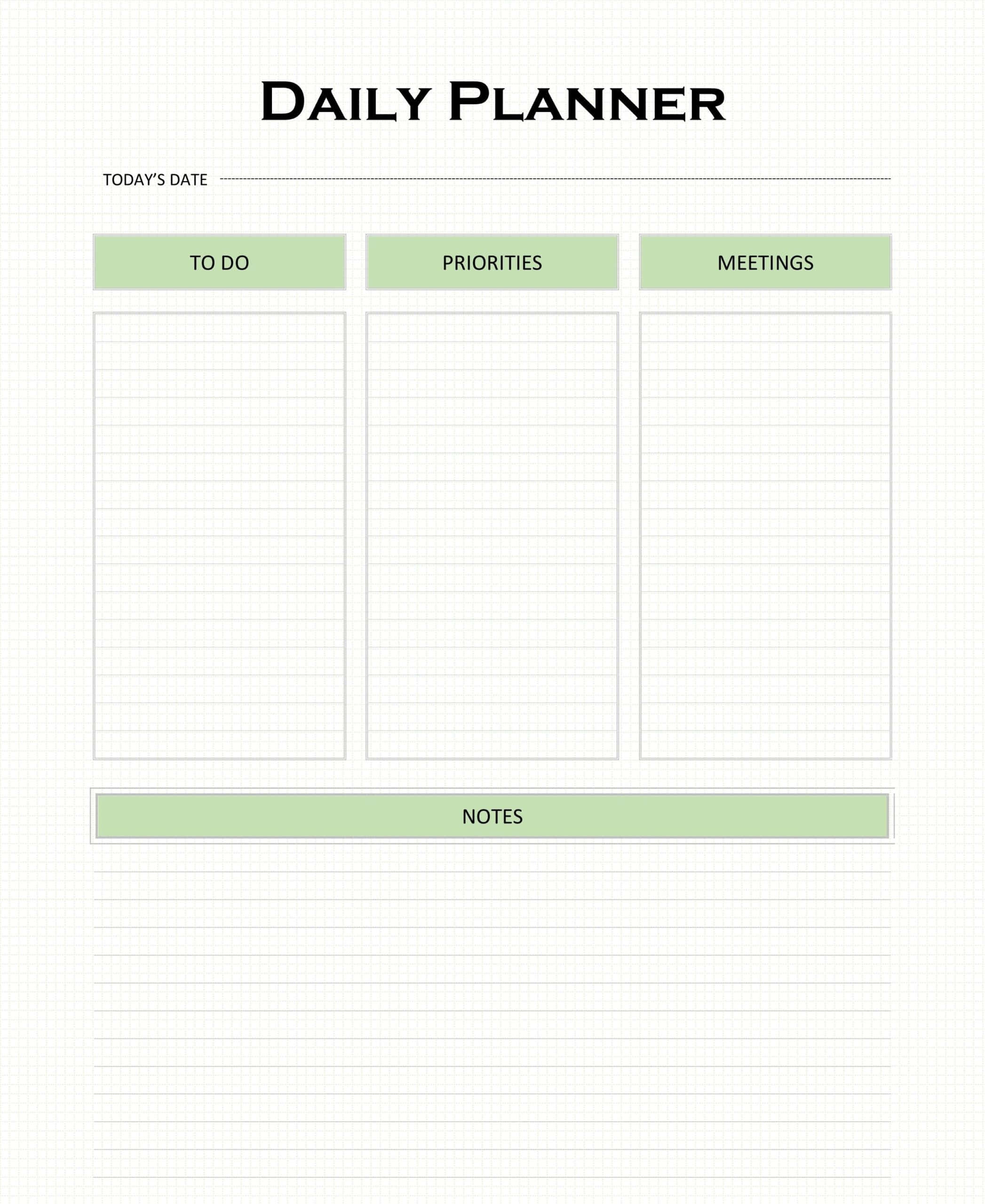 Planner 桌布 壁紙 — 極簡風格的每日計劃表模板，帶有淺綠色標題，用於待辦事項、優先事項、會議和筆記，背景為方格紙。