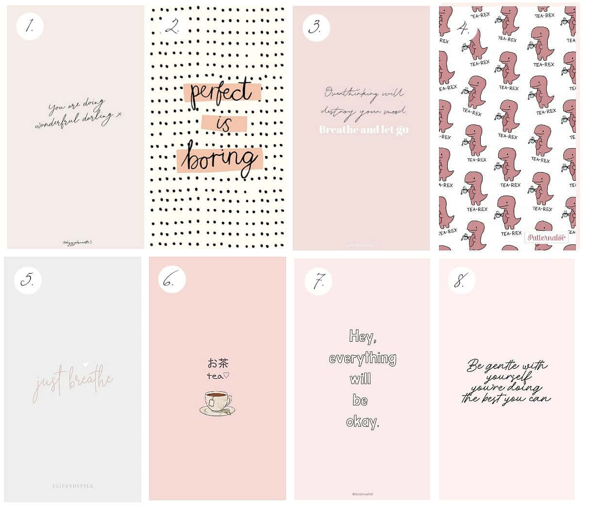 girly pink aesthetic 桌布 壁紙 — 極簡風格粉彩色粉紅色桌布套裝，附有勵志語句和可愛的茶暴龍圖案。