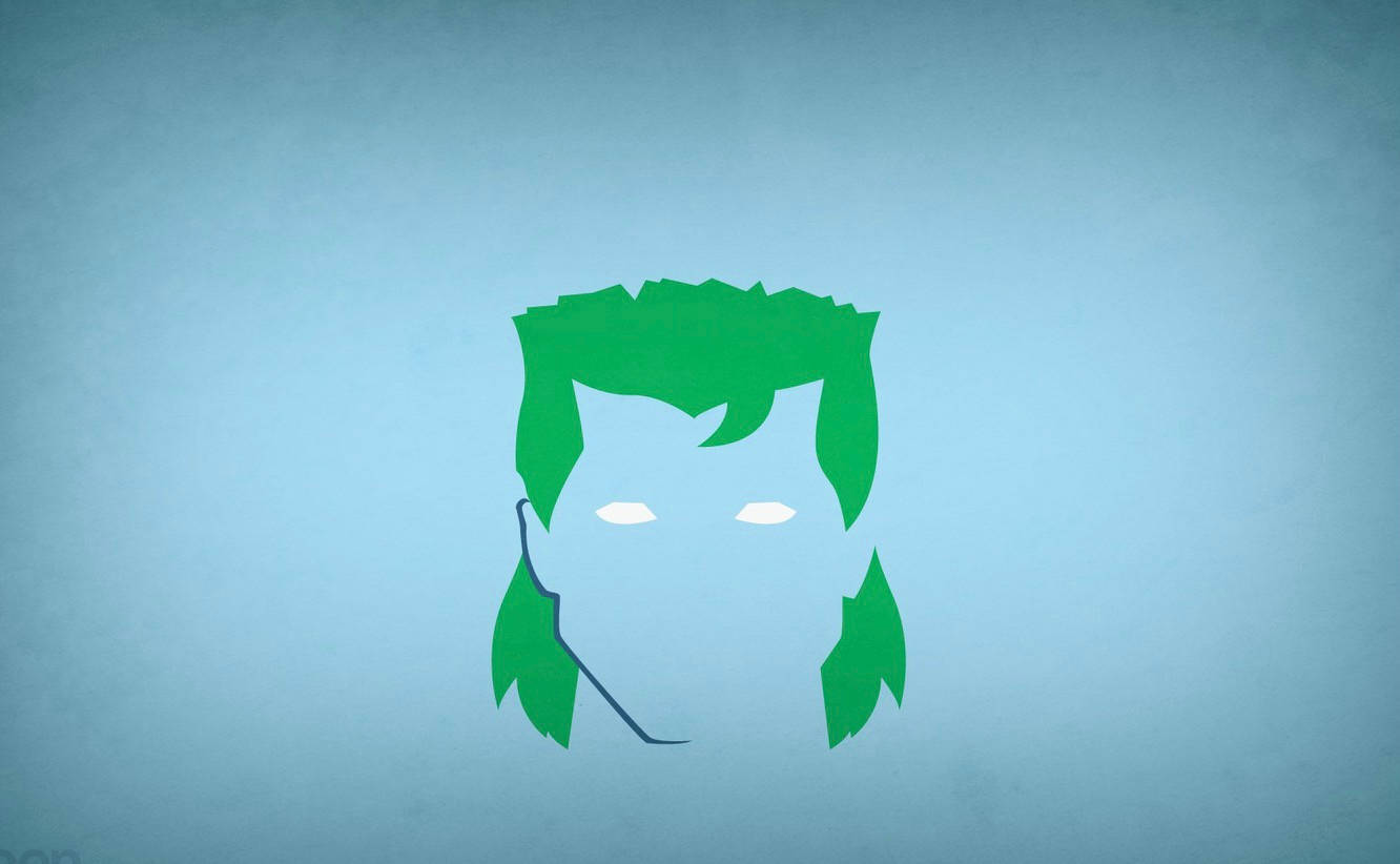 Captain Planet 桌布 壁紙 — 極簡風格綠色頭髮小丑臉，白色眼睛和黑色微笑，帶紋理的藍色背景。
