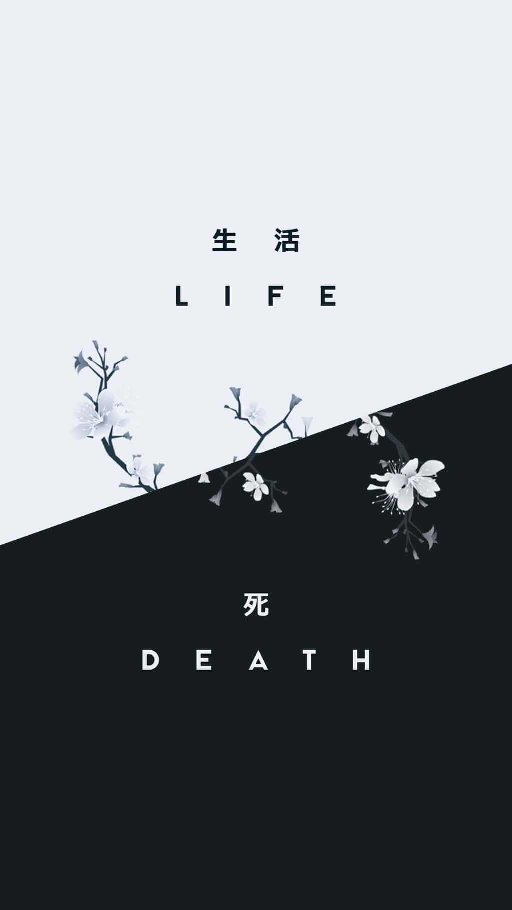 Half Black Half White 桌布 壁紙 — 極簡黑白分割設計，櫻花連接生與死文字。