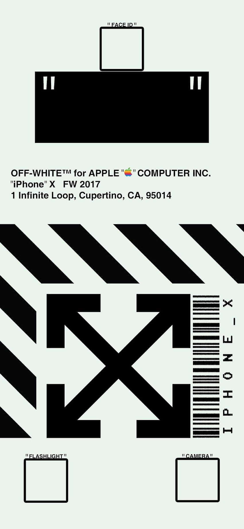 桌布 壁紙 — 極簡黑白圖形設計，包含箭頭、條碼和iPhone X模擬文字，背景為淺灰色。