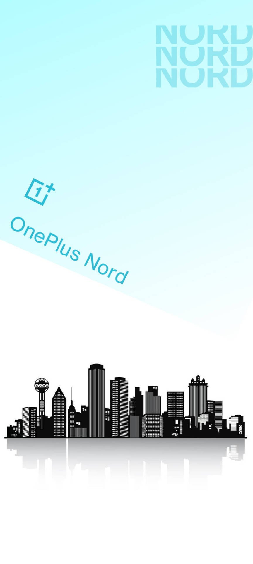  壁紙 — 極簡黑白城市天際線剪影，帶有OnePlus Nord品牌標誌，背景為漸變淺藍色。