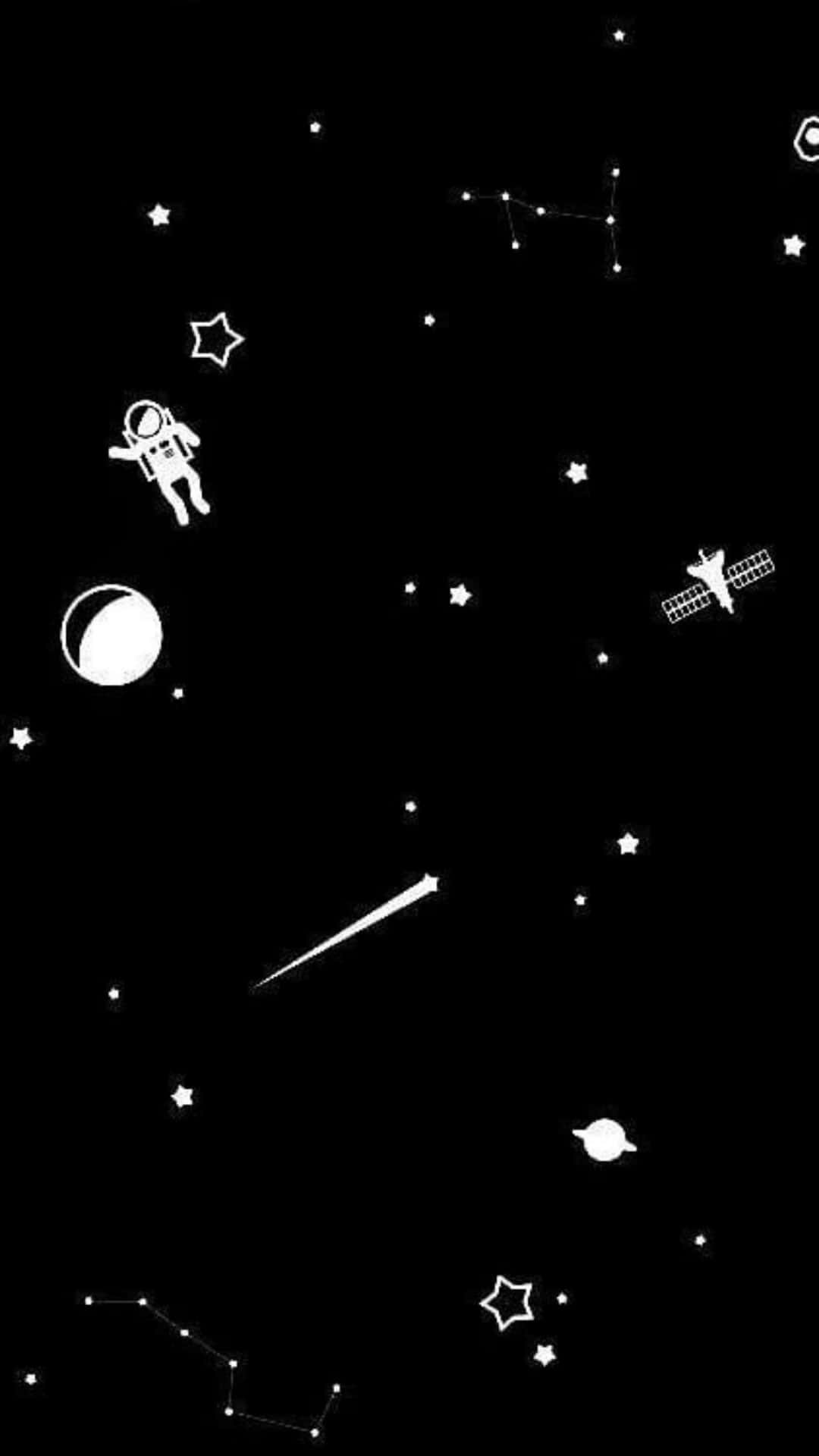  壁紙 — 極簡黑白宇宙場景，太空人衛星星星和星座漂浮在太空中。