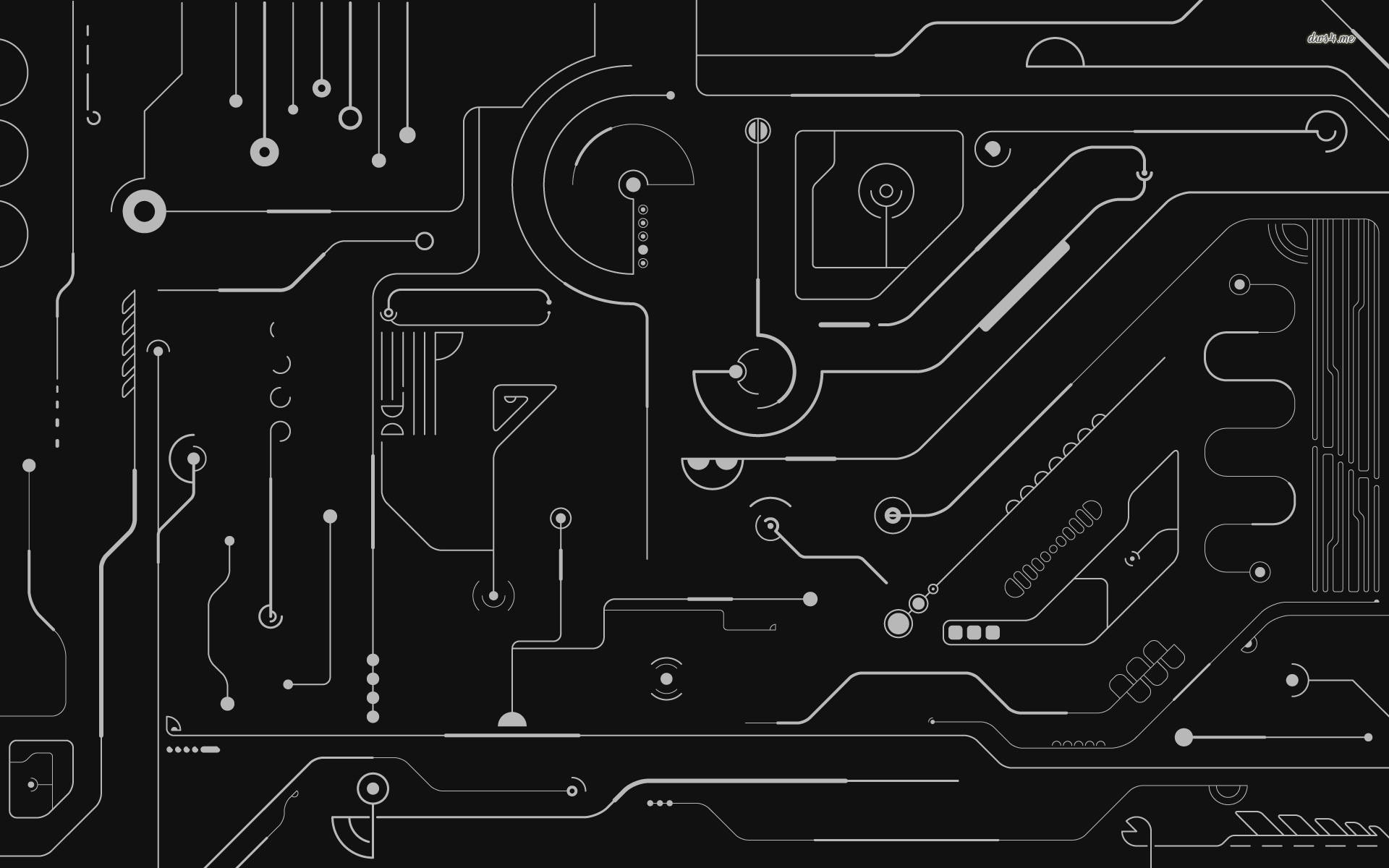 Circuit 桌布 壁紙 — 極簡黑白抽象桌布，在深色背景上帶有複雜的白色電路板圖案。
