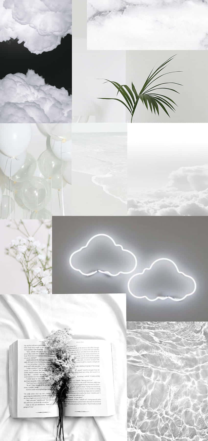Soft White Aesthetic 桌布 壁紙 — 極簡黑白拼貼，以雲朵、水生植物、書籍和霓虹燈呈現寧靜的白灰色調。