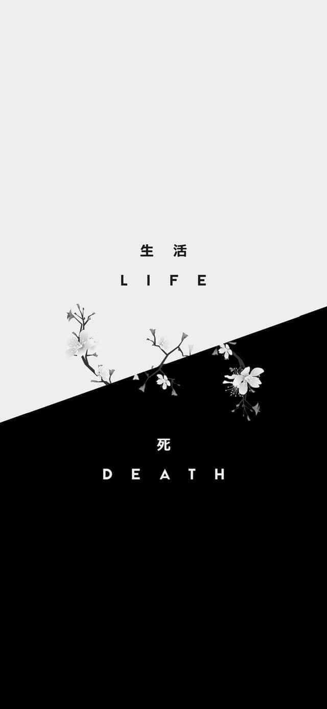 桌布 壁紙 — 極簡黑白桌布，櫻花在對比的一半中連接生與死的文字。