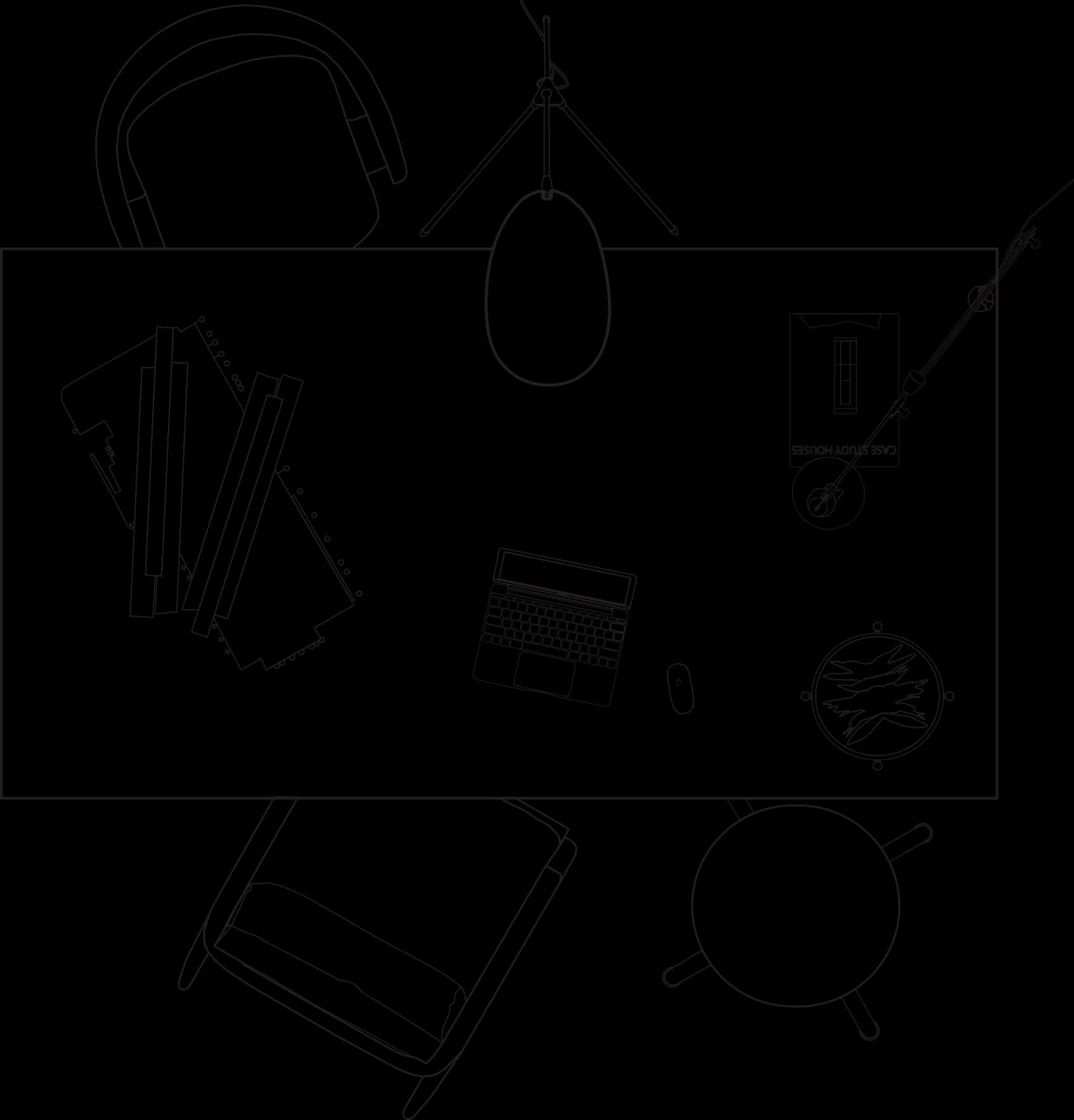 Desk 桌布 壁紙 — 極簡黑白線條藝術，俯視角度展示一個設有筆記型電腦、麥克風、耳機和書本的家居工作室工作空間。