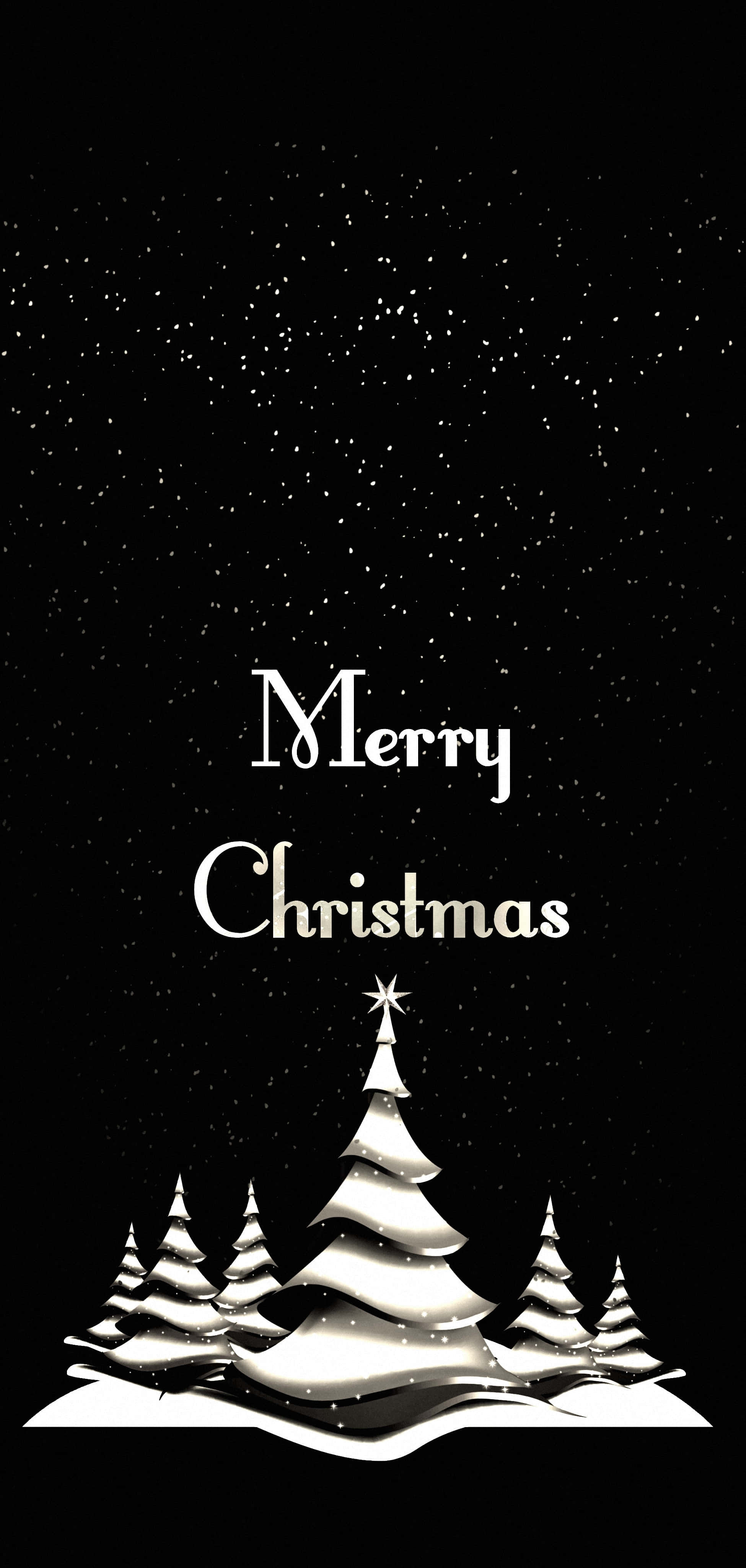 聖誕節 桌布 壁紙 — 極簡黑白聖誕桌布，雪覆蓋的松樹在星空下，帶有「Merry Christmas」文字。