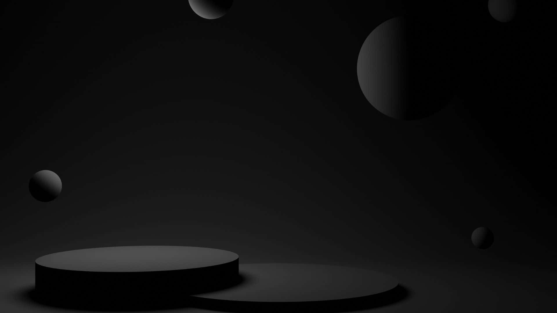 dark black 桌布 壁紙 — 極簡黑色幾何球體漂浮在黑暗漸變虛空中的一個浮動圓形平台周圍。