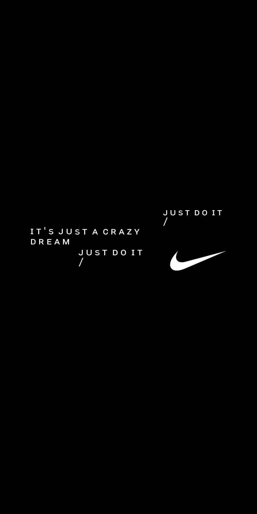 Nike iPhone 桌布 壁紙 — 極簡黑色桌布，帶有白色Nike勾勾和乾淨無襯線字體的勵志文字。