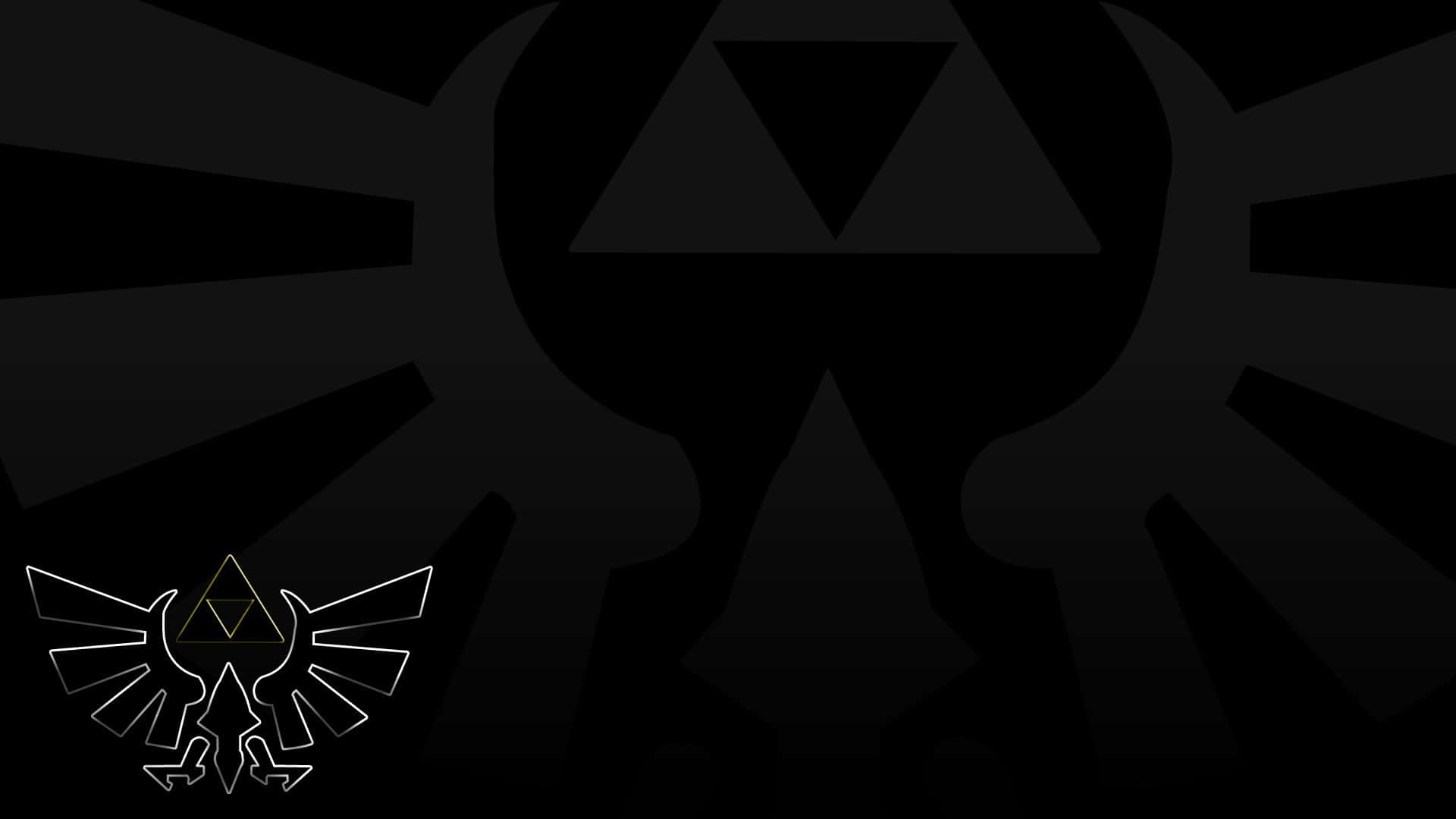 triforce 桌布 壁紙 — 極簡黑色桌布，角落有發光的白色三角力量符號和風格化的鳥類標誌。