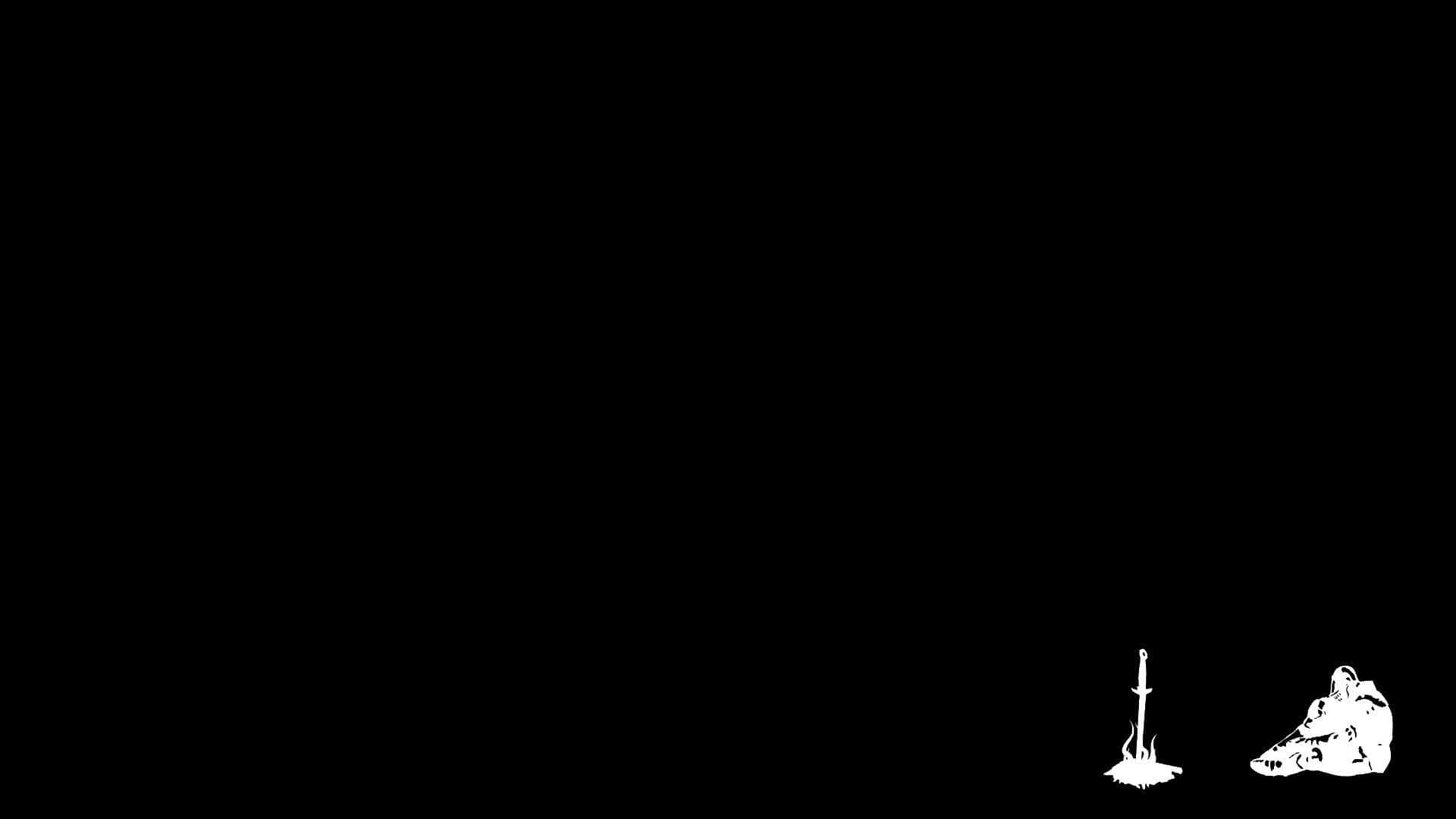 Plain Black Desktop 桌布 壁紙 — 極簡黑色背景，兩個白色線條藝術圖示：土壤中的劍和右下角的狼頭。