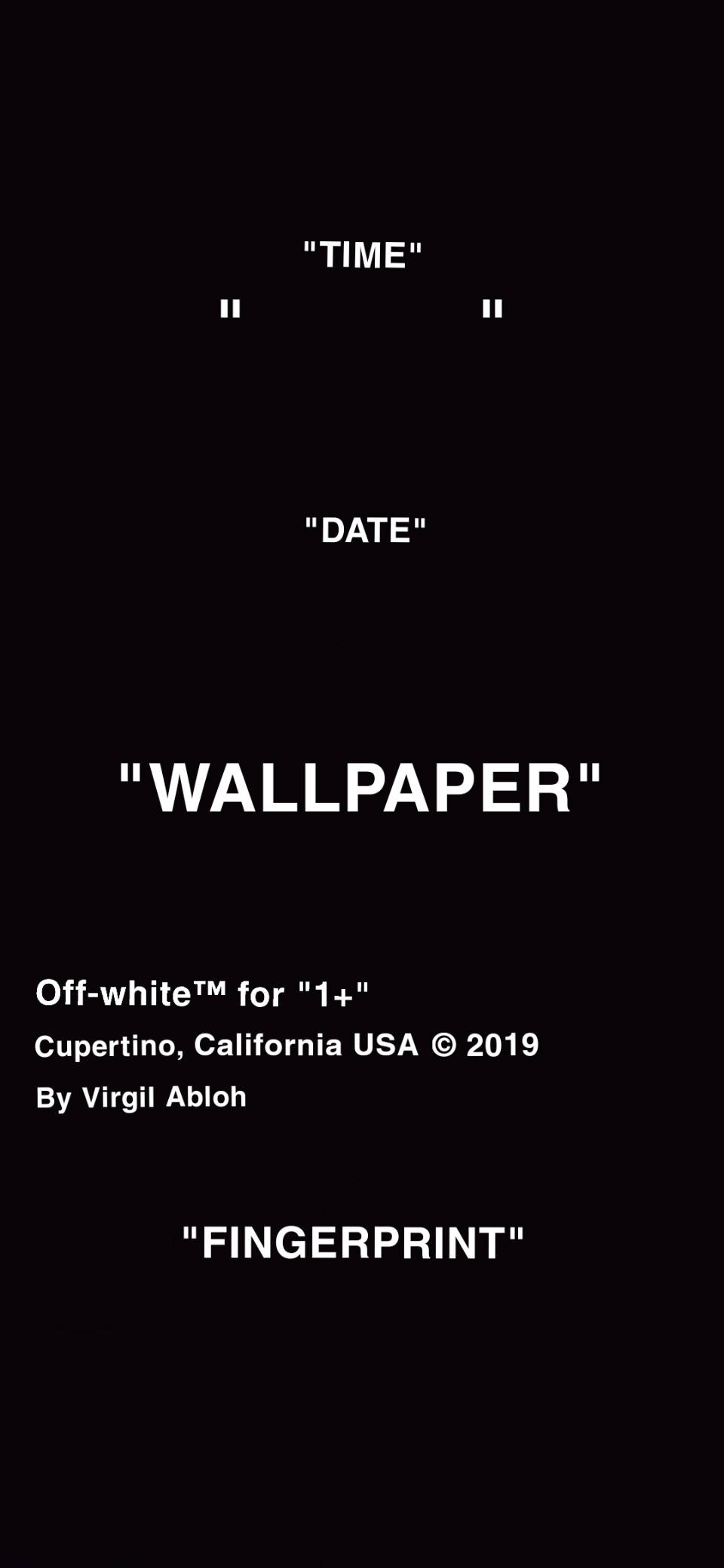 Off White 桌布 壁紙 — 極簡黑色背景，帶有白色文字佔位符，用於時間、日期、壁紙、指紋和品牌資訊。