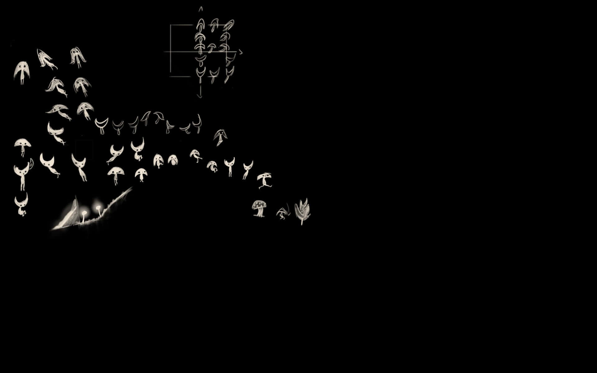Japanese Aesthetic Black 桌布 壁紙 — 極簡黑色背景，散落著發光的白色抽象形狀和符號，類似風格化的鳥類和蘑菇。