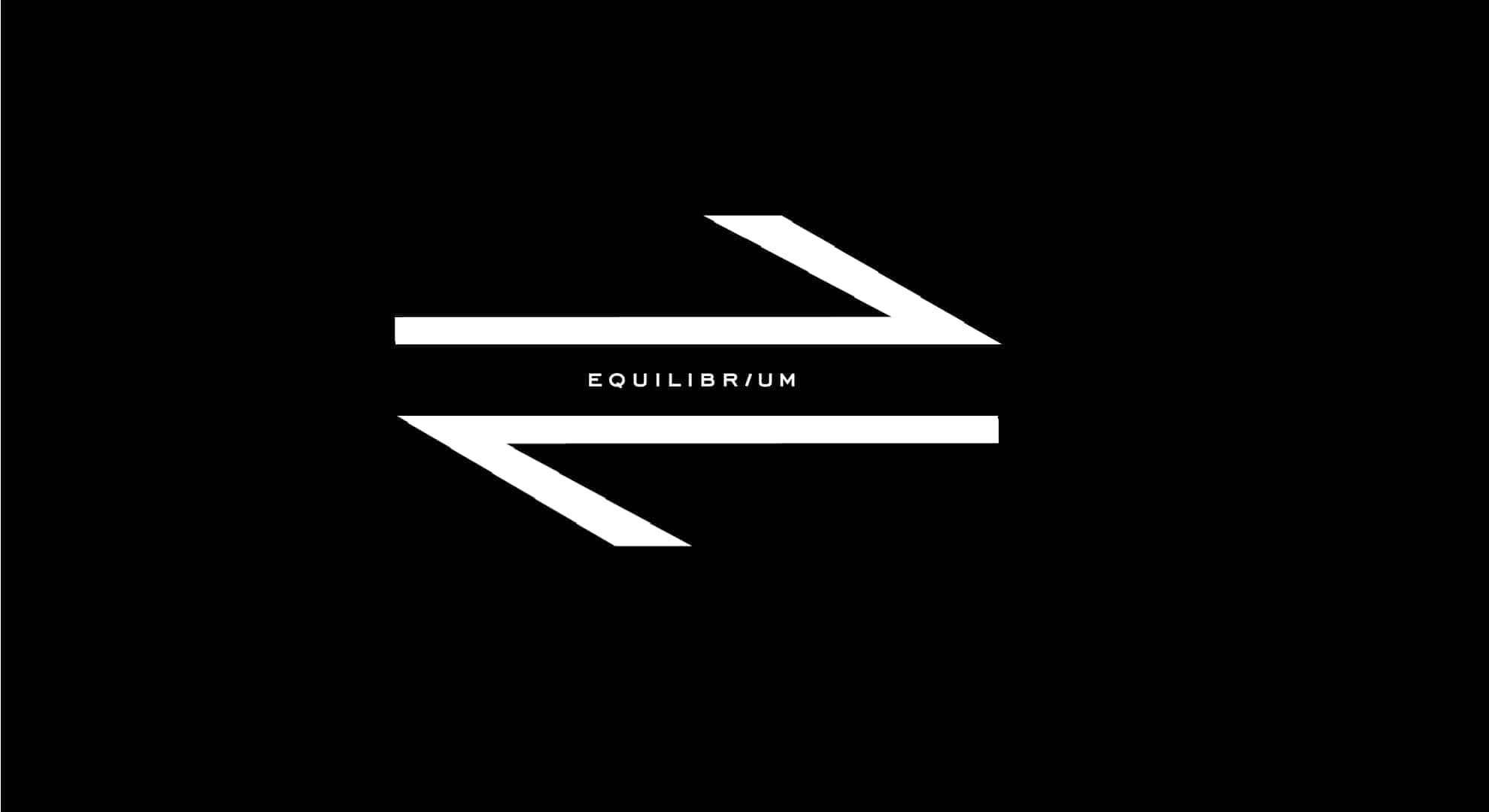 桌布 壁紙 — 極簡黑色背景，白色幾何箭頭指向左右，框住單詞 equilibrum。