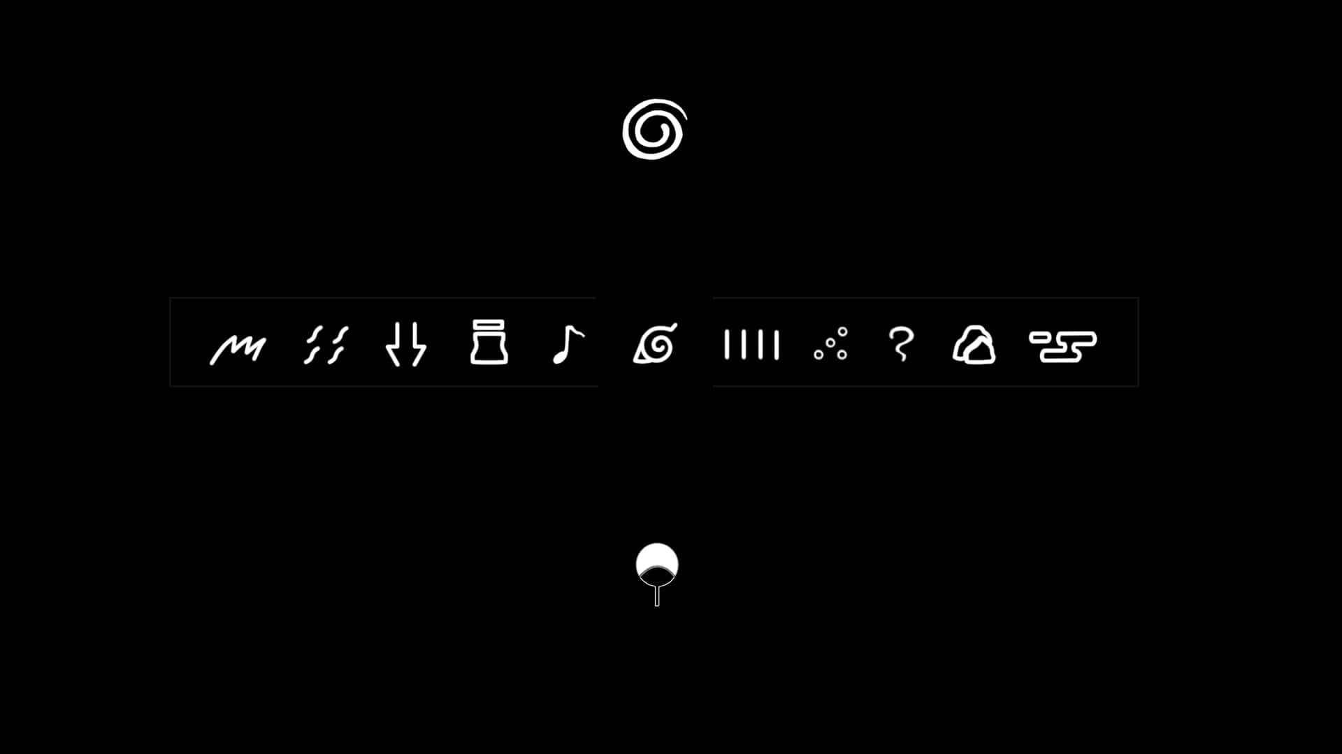 Konoha 桌布 壁紙 — 極簡黑色背景，白色抽象符號和圖示對稱排列。