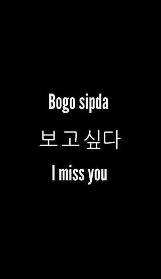 I Miss You 桌布 壁紙 — 極簡黑色背景，白色文字居中排版，顯示「Bogo sipda」「보고 싶다」和「I miss you」。