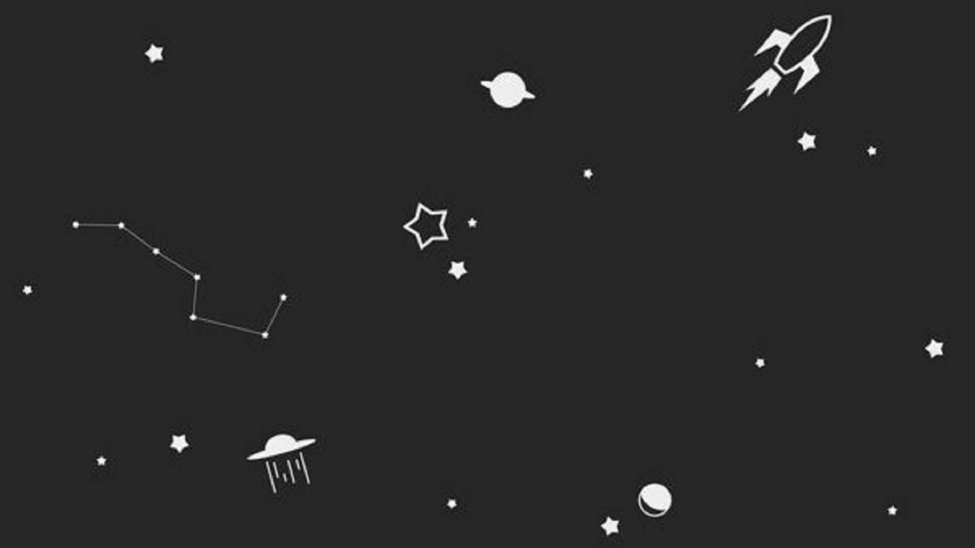 Grunge Aesthetic Mac 桌布 壁紙 — 極簡黑色背景，白色線條繪製的星星、行星、火箭和UFO漂浮在太空中。