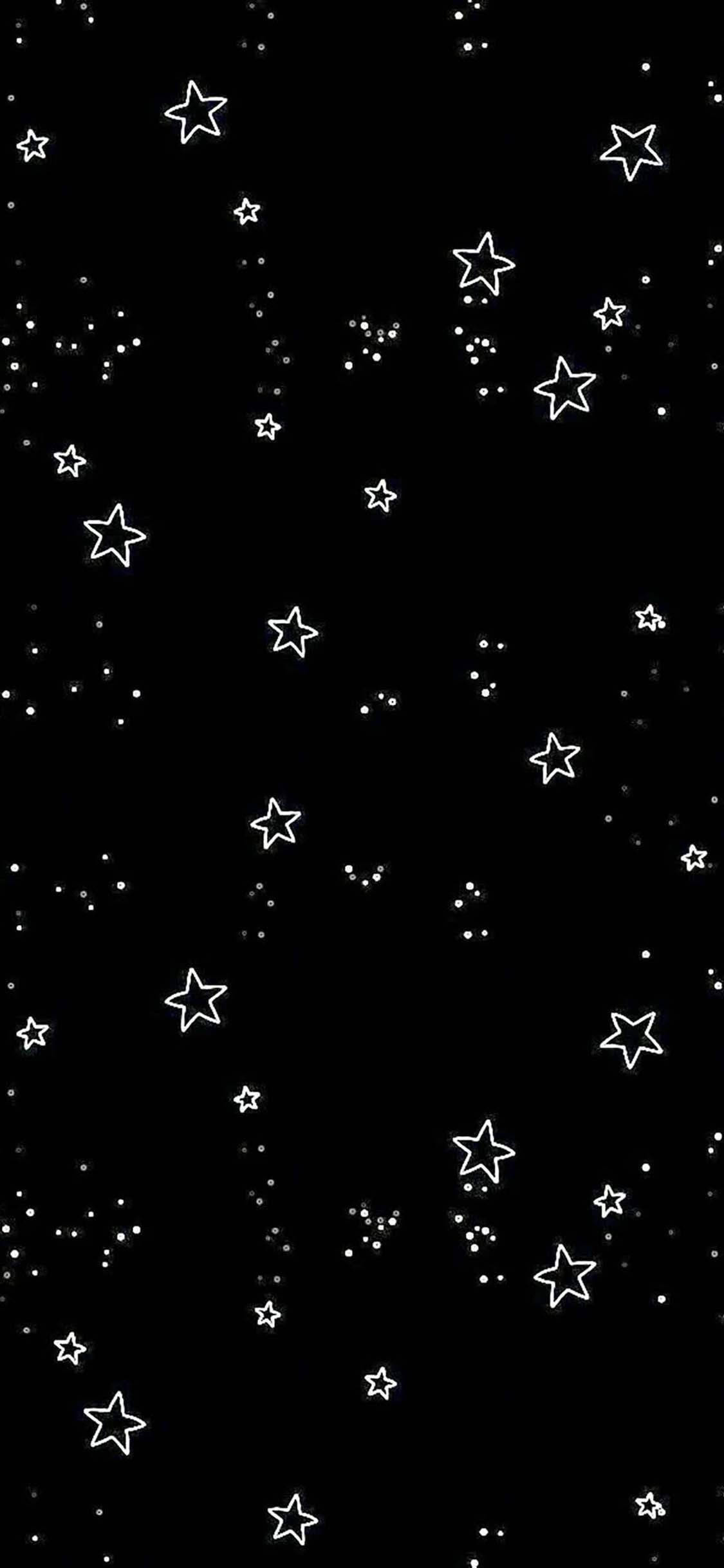 Stylish Black 桌布 壁紙 — 極簡黑色背景，點綴著散落的白色輪廓星星和小點，宛如宇宙夜空。