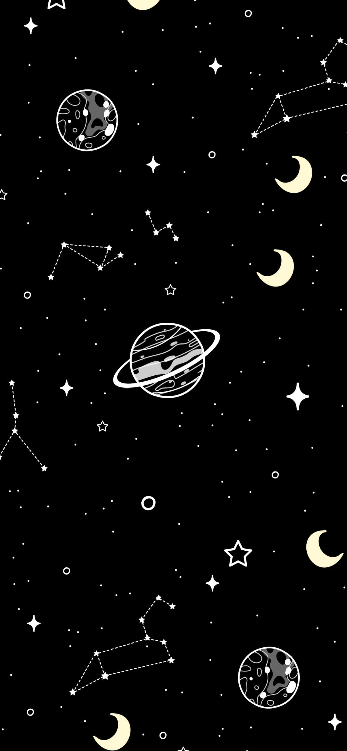 AMOLED 桌布 壁紙 — 極簡黑色背景，點綴著白色星星、新月以及風格化的行星和星座。