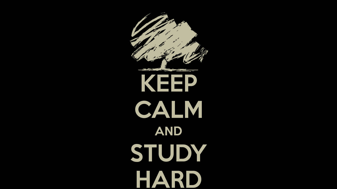 Studying 桌布 壁紙 — 極簡黑色背景上有一個米色樹木圖標和粗體文字 'KEEP CALM AND STUDY HARD'，採用經典勵志海報風格。